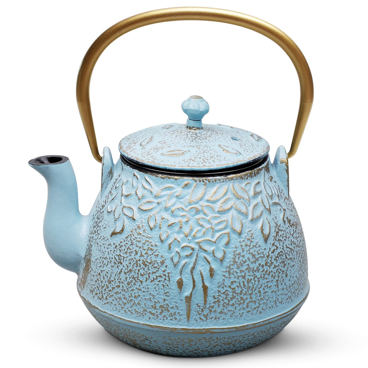 Premium Japanese Cast Iron Tea Kettle with Stainless Steel Infuser - Enameled Interior, Stovetop Safe Teapot - 32oz (950ml) Leaf Design in Turquoise Blue - Perfect for Loose Leaf Tea Brewing, Home Tea Ceremonies & Gift Giving