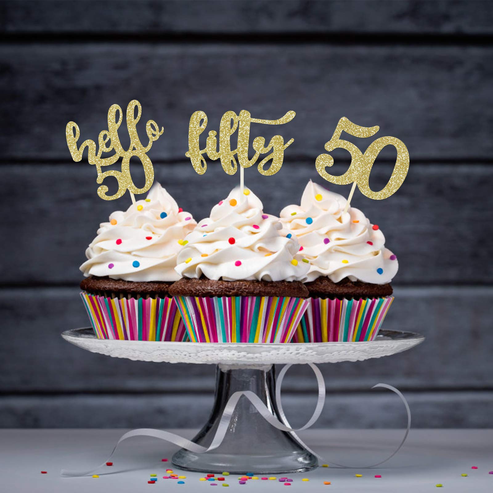 50th Birthday Cupcake Toppers - 24Pcs Gold Glitter Hello 50 Cupcake Decorations for Women & Men - Perfect for 50th Birthday Parties, Anniversary Celebrations & Retirement Cakes