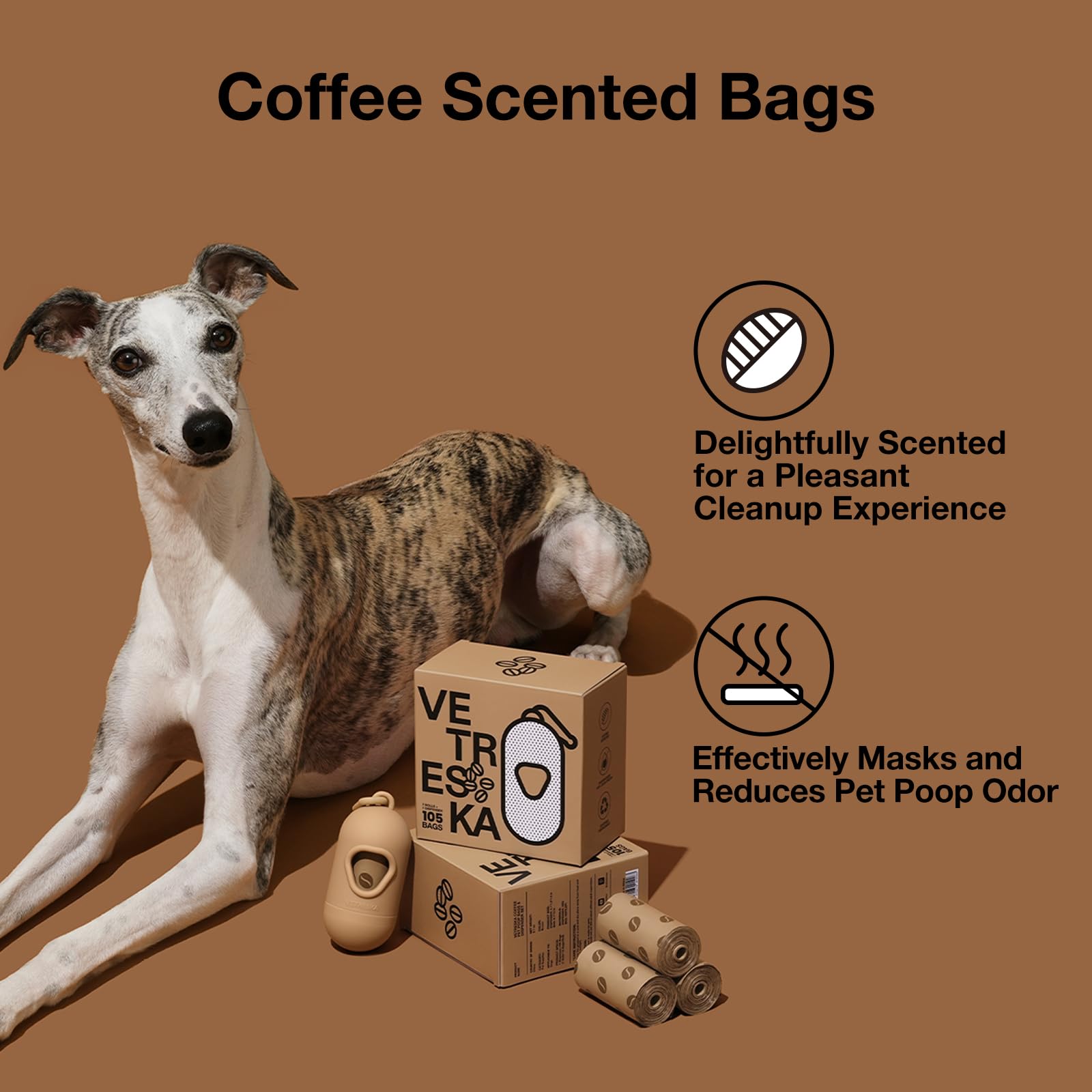 VETRESKA Scented Dog Waste Bag Dispenser with Coffee Aroma - Leak Proof, Extra Thick Pet Waste Bags - 1 Holder & 105 Bags (7 Refill Rolls) for Dogs & Cats - Perfect for Walks, Park Visits & Outdoor Adventures