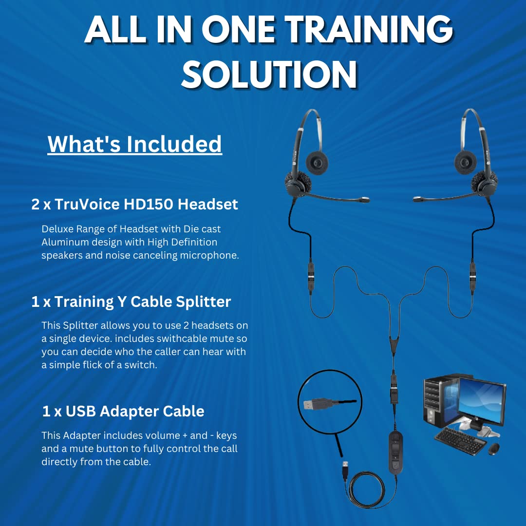 TruVoice USB Computer Headset with Noise Canceling Microphone - HD-150 Headset for Call Centers, Online Training & Softphones (Includes 2 Headsets, USB Cable & Training Y Cable) - Perfect for Remote Work, Customer Service & Virtual Meetings