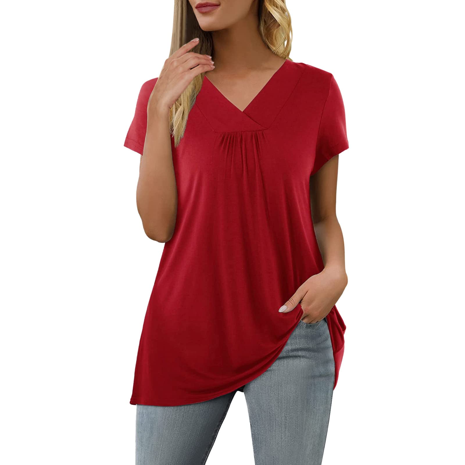 Women's Summer Short Sleeve V-Neck T-Shirt - Casual Loose Fit Blouse & Long Sleeve Shirts for Women | Perfect for Beach Outings, Office Wear & Everyday Comfort