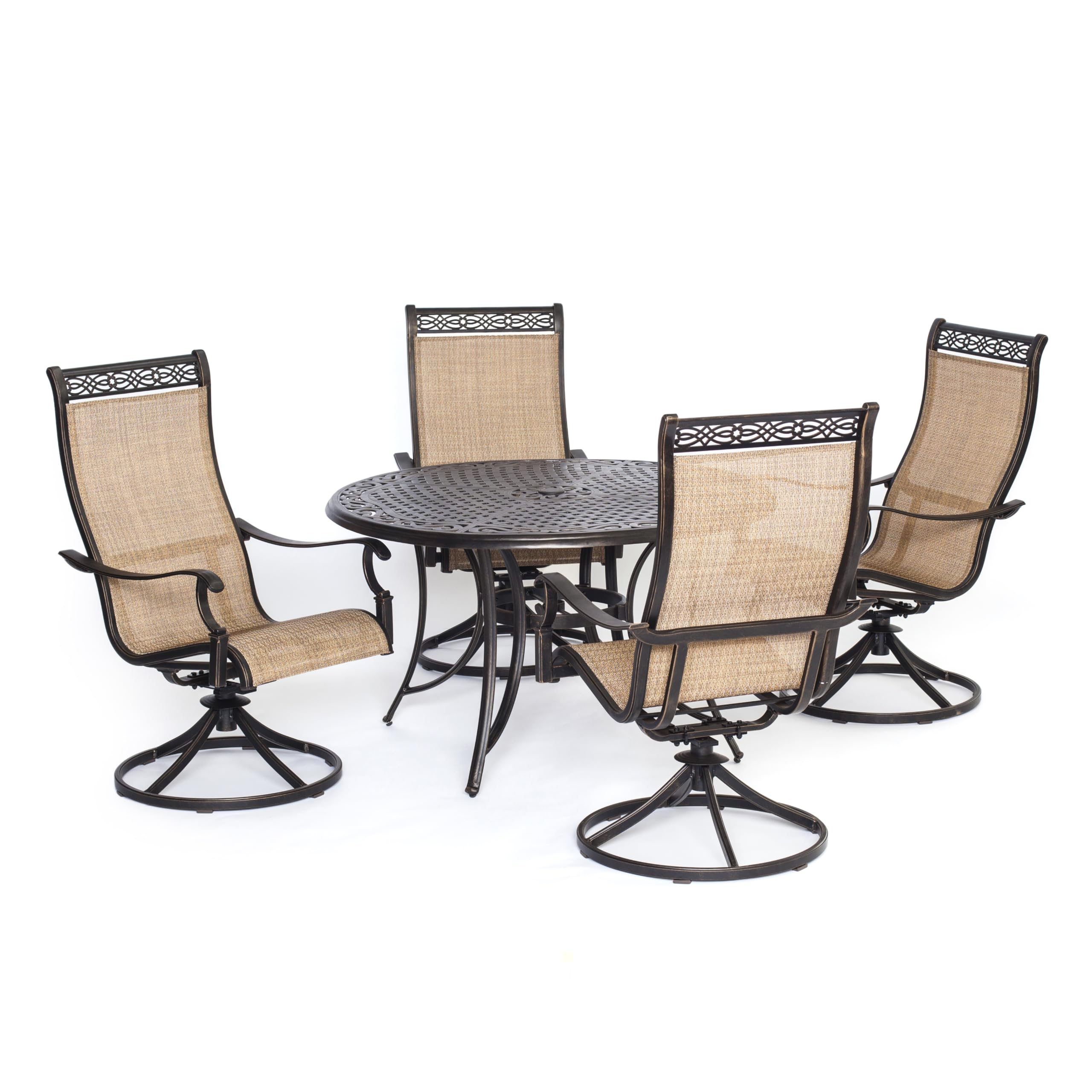 Hanover Manor 5-Piece Outdoor Dining Set - Rust-Resistant Aluminum Patio Furniture with PVC Sling 360° Swivel Rocking Chairs & Round Table for Backyard, Deck, Porch - Perfect for Outdoor Entertaining & Relaxation