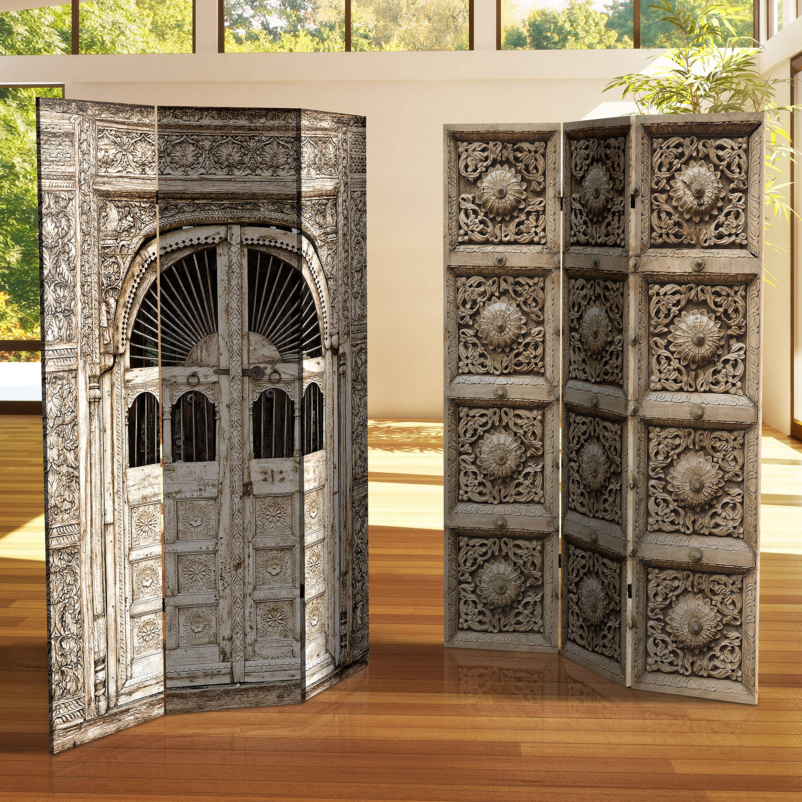 6 ft Tall Red Lantern Double-Sided Stone Doorway Canvas Room Divider - Beige | Freestanding Partition Screen for Living Room, Bedroom, Office & Event Decor