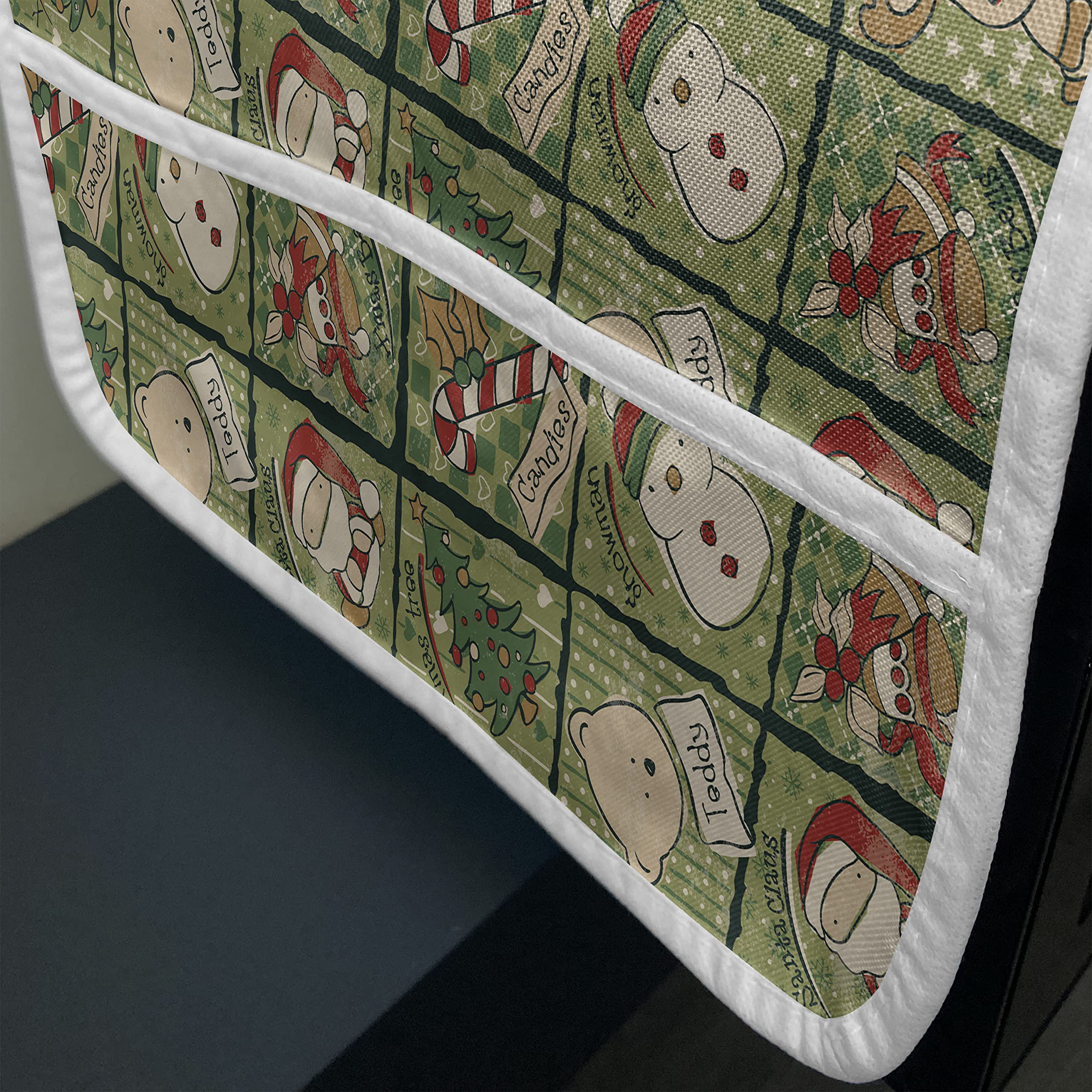Ambesonne Christmas Microwave Cover - Santa Claus, Trees & Teddy Bears Sketch Design, Waterproof Kitchen Organizer with Pockets, 36x12 Inches, Olive Green & White - Perfect for Holiday Decor & Small Appliance Protection
