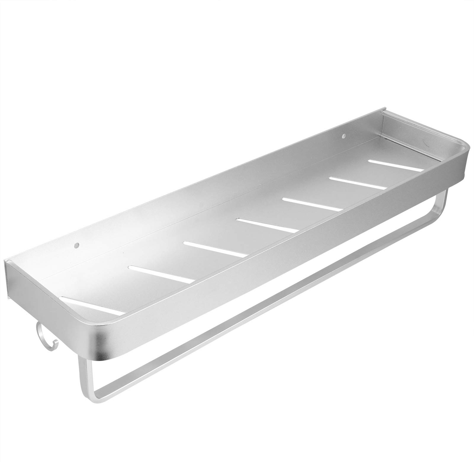 Wall Mount Aluminum Shower Shelf - Single Layer Bathroom Storage Rack with Hanging Rod & Hooks (50cm) - Perfect for Organizing Shampoo, Soap & Towels in Small Bathrooms