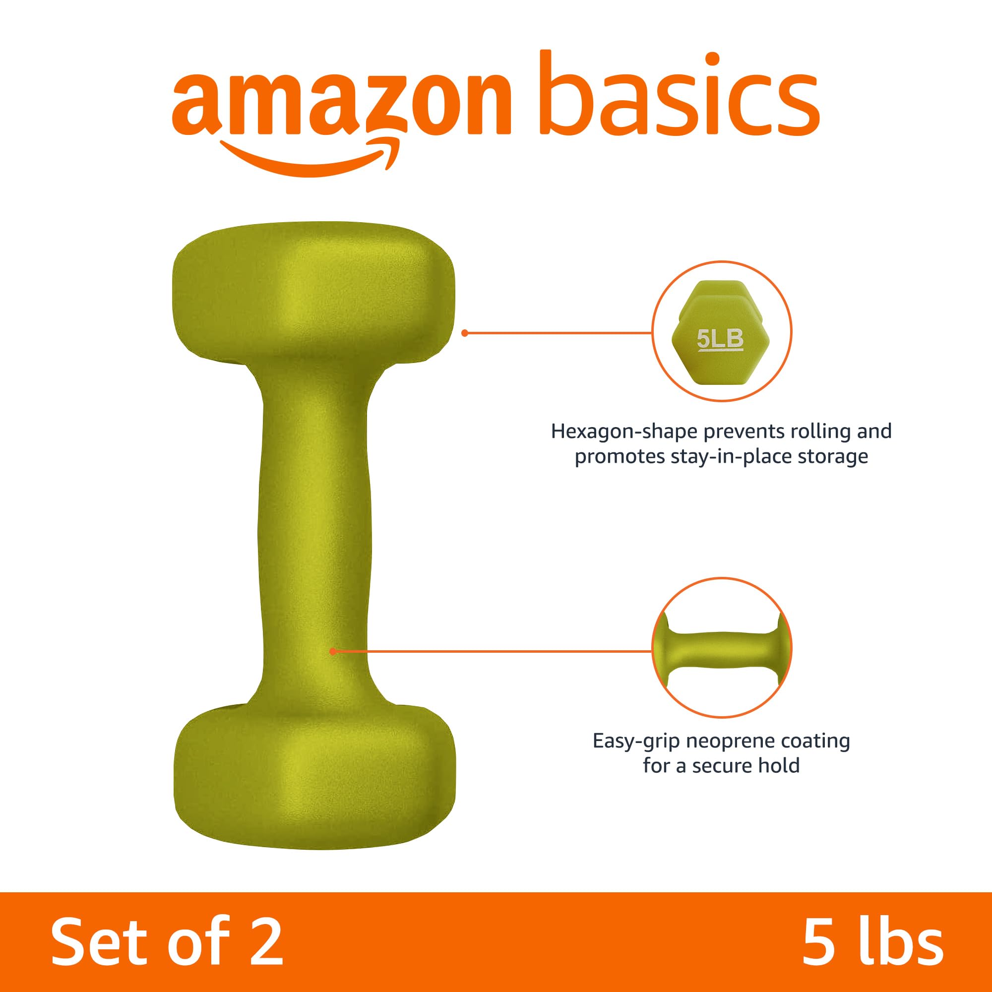 Amazon Basics Neoprene Dumbbell Hand Weights - 2/3/5/8/10 lbs Set for Home Gym, Strength Training & Fitness Workouts - Non-Slip Grip for Women & Men - Perfect for Toning, Cardio & Weight Loss Exercises