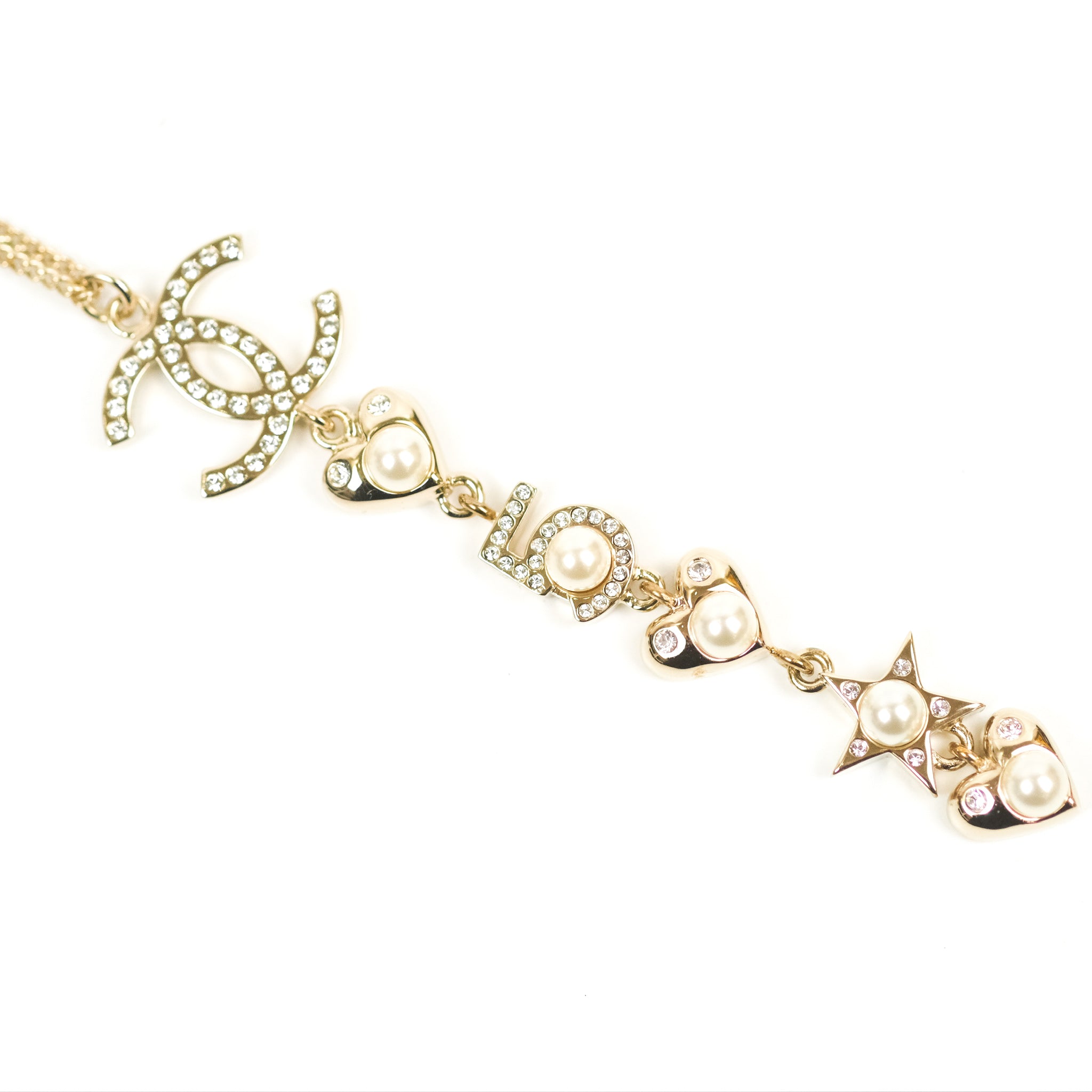 Chanel CC Crystal Pearl Heart Star Drop Necklace Gold Tone 19B - Elegant Fashion Jewelry for Women, Perfect for Parties, Weddings & Special Occasions