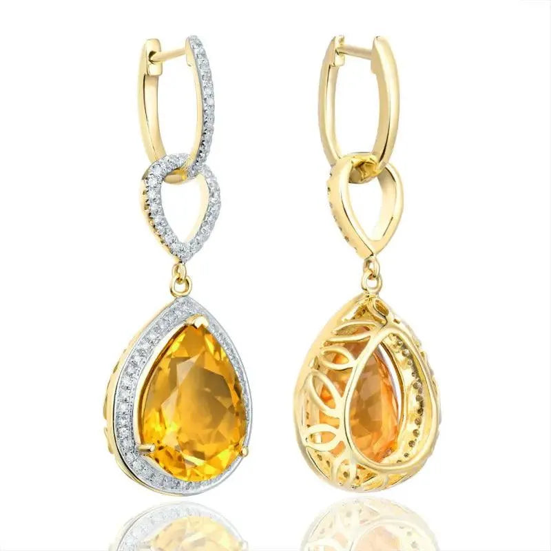 14KT Yellow Gold Natural Citrine Diamond Drop Earrings for Women - Elegant Dangle Earrings for Anniversary, Birthday & Special Occasions