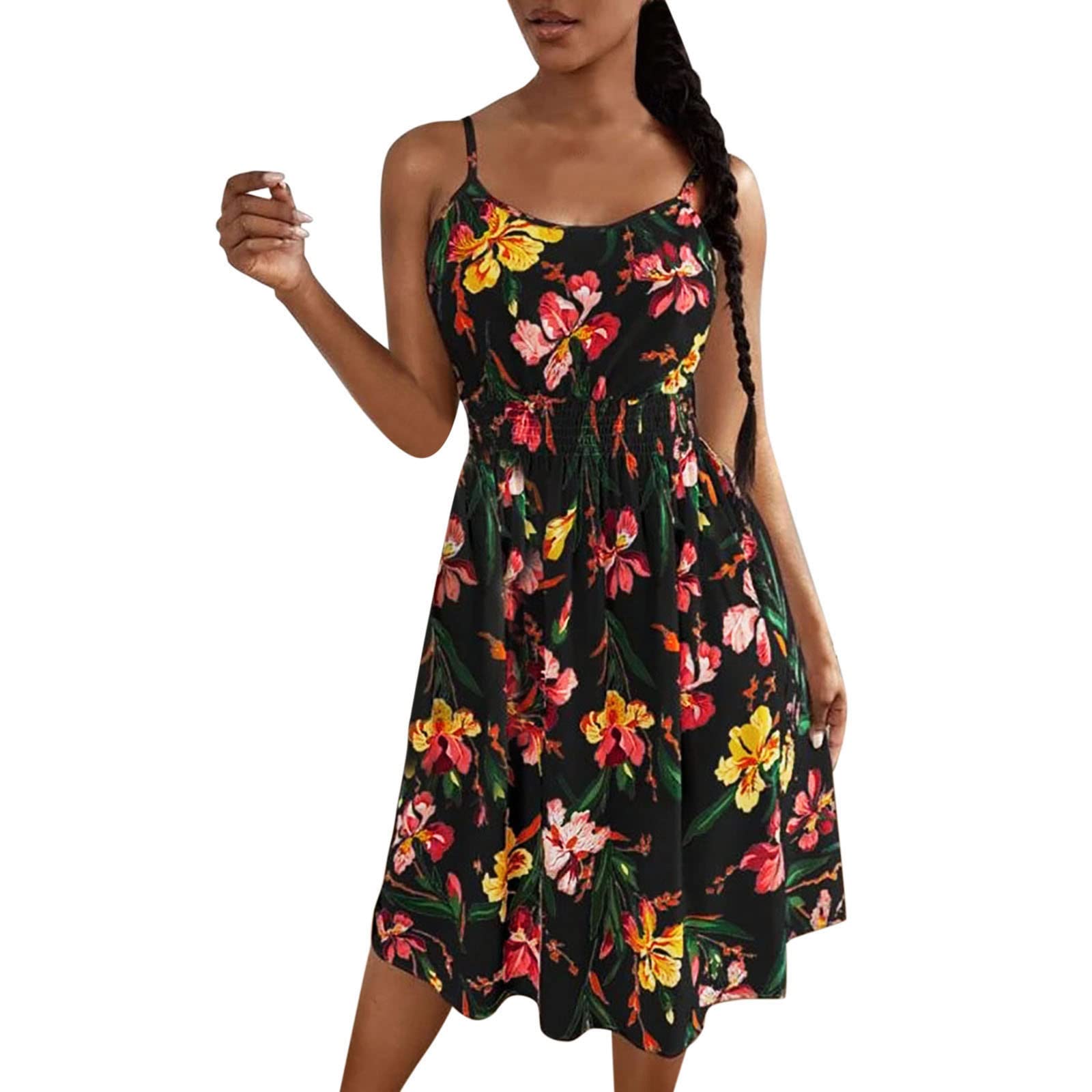 Women's Floral Print Summer Dress - Crewneck & Spaghetti Strap Sleeveless Short Dress for Beach, Vacation, and Casual Outings