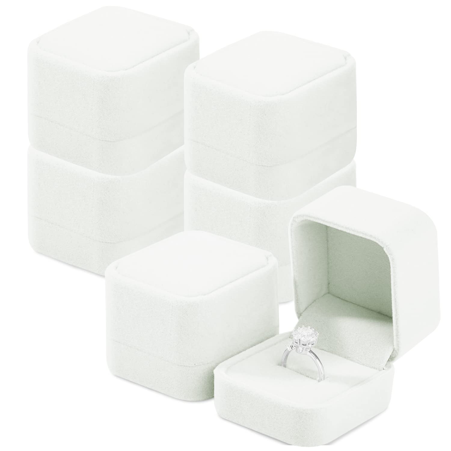 6 Pack Velvet Jewelry Gift Box Set - Necklace, Earring & Ring Storage Box with Cotton Filling - 2.16 x 1.7 x 1.96 Inches (White) - Perfect for Wedding, Anniversary, Birthday Gifts & Jewelry Organization