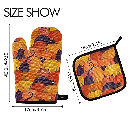 Orange Pumpkin Cat Oven Mitts & Pot Holder Set - Heat Resistant Kitchen Gloves for Baking, BBQ, Grilling - Fall Halloween Kitchen Decor - Eco-Friendly Recycled Material - Perfect for Thanksgiving, Christmas Cooking & Home Decor