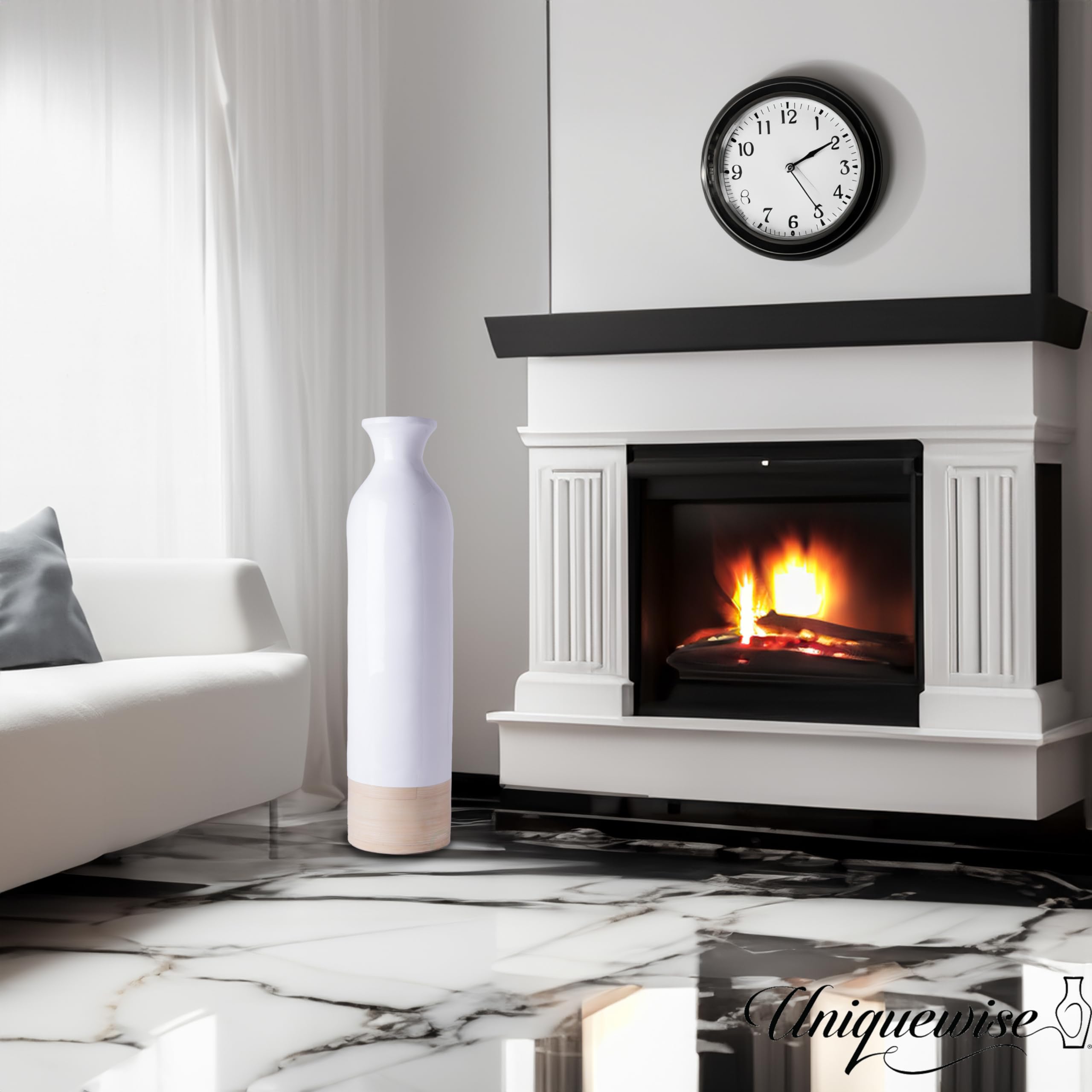 Elegant Black or White Tall Cylinder Bamboo Floor Vases - Glossy Lacquer & Natural Bamboo Finish - 31
