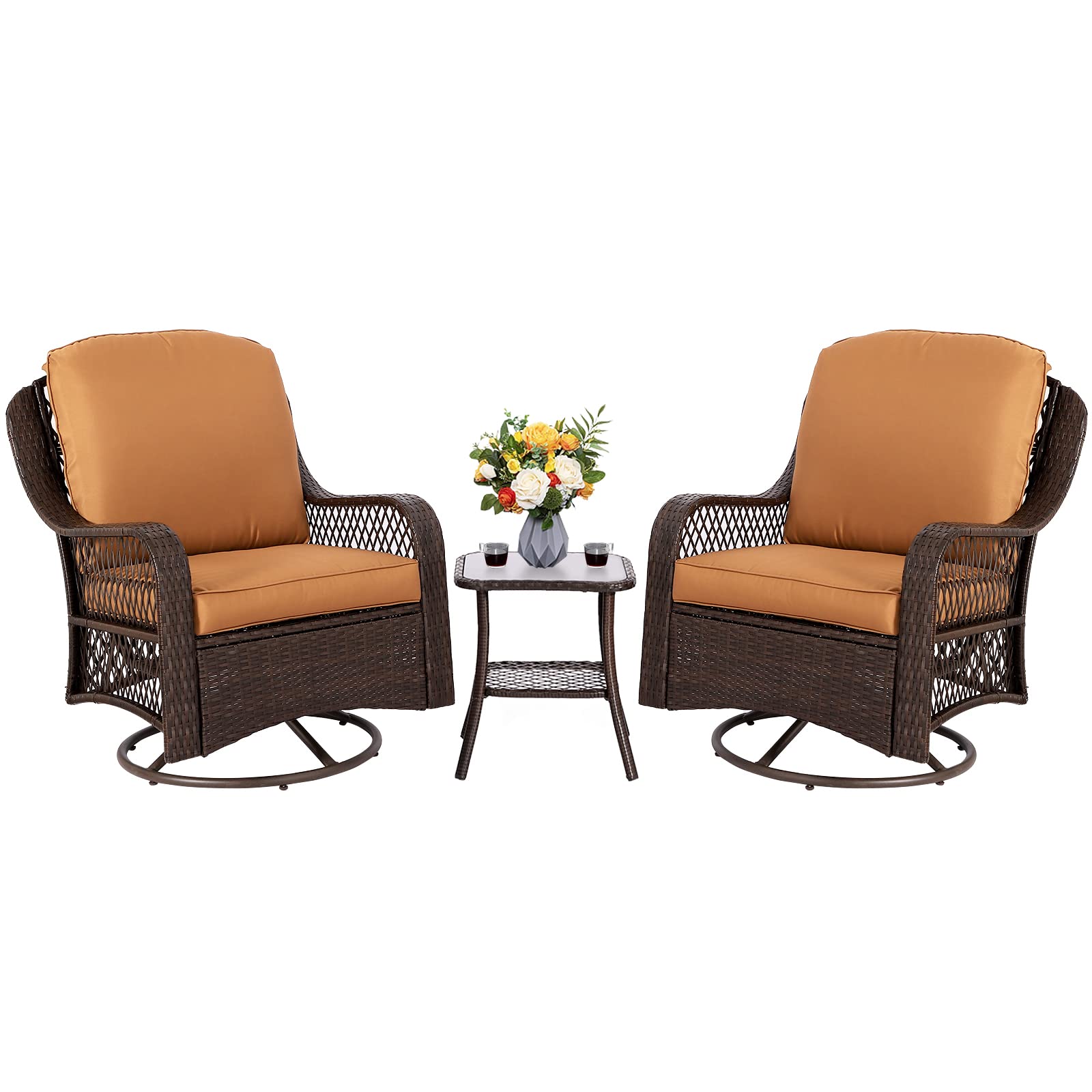 Grepatio 2-Piece Wicker Patio Chair Set with Side Table - Outdoor Swivel Rocking Chairs with Cushions, Rattan Porch Furniture for Garden, Deck & Backyard (3-Piece Bistro Set, Khaki) - Perfect for Relaxing, Entertaining & Outdoor Dining