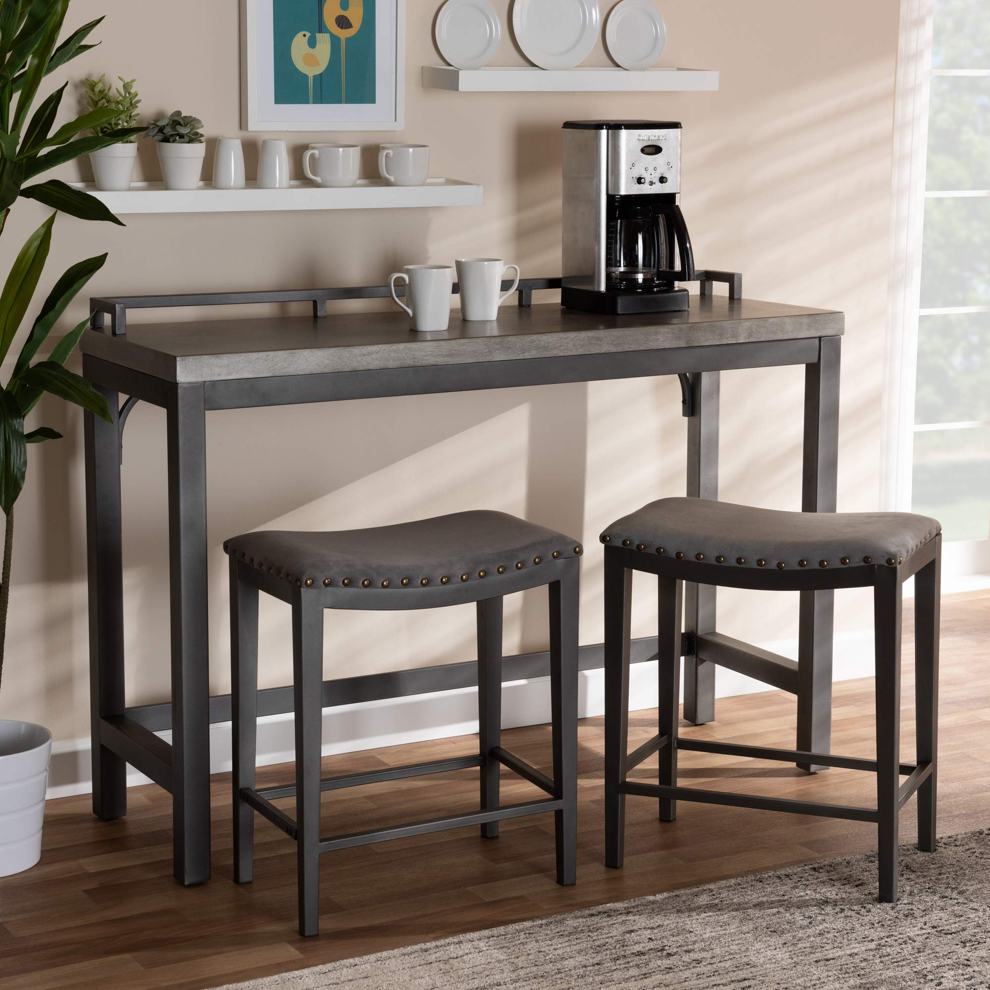 Baxton Studio Pub Table Set with 2 Stools - Modern Grey Bar Height Dining Set for Kitchen, Patio & Small Spaces