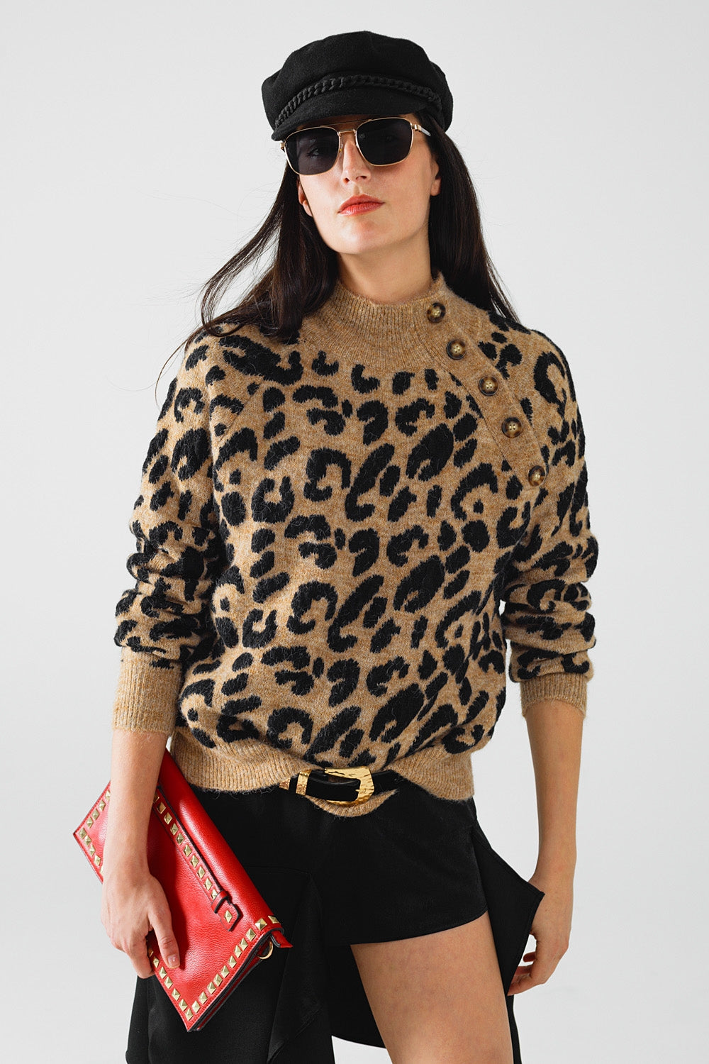 Leopard Print Knit Pullover with Side Buttons - Stylish Casual Wear for Women, Perfect for Office, Date Night & Fall Outfits