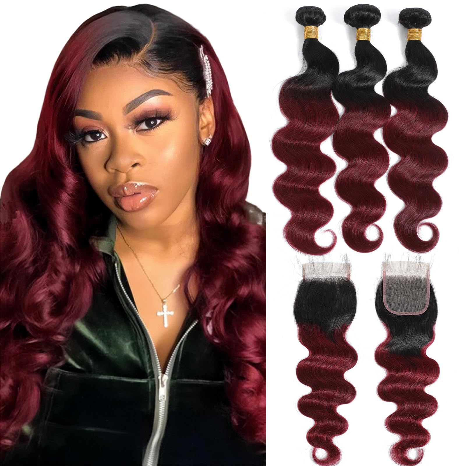 Kapelli 10A Ombre Brazilian Human Hair Bundles with Closure - 20 22 24+18 Inch Body Wave Weave in Black to Burgundy | Perfect for Protective Styles, Weaves & Natural Hair Extensions
