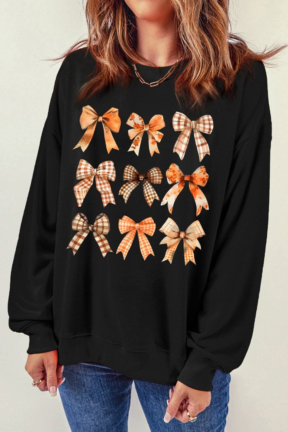 Stylish Bow Print Sweatshirt for Women - Long Sleeve Casual Pullover - Perfect for Fall Outfits, Coffee Dates & Weekend Errands