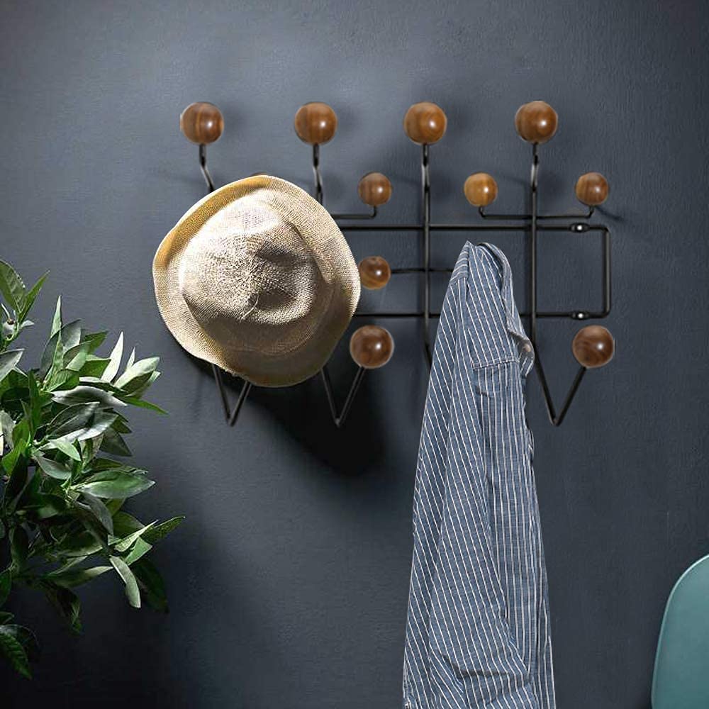 Modern Wall-Mounted Coat Rack with Multi-Hooks - Solid Wood Balls Organizer & Metal Shelf for Entryway, Bedroom, or Office Storage | Durable & Stylish Home Decor