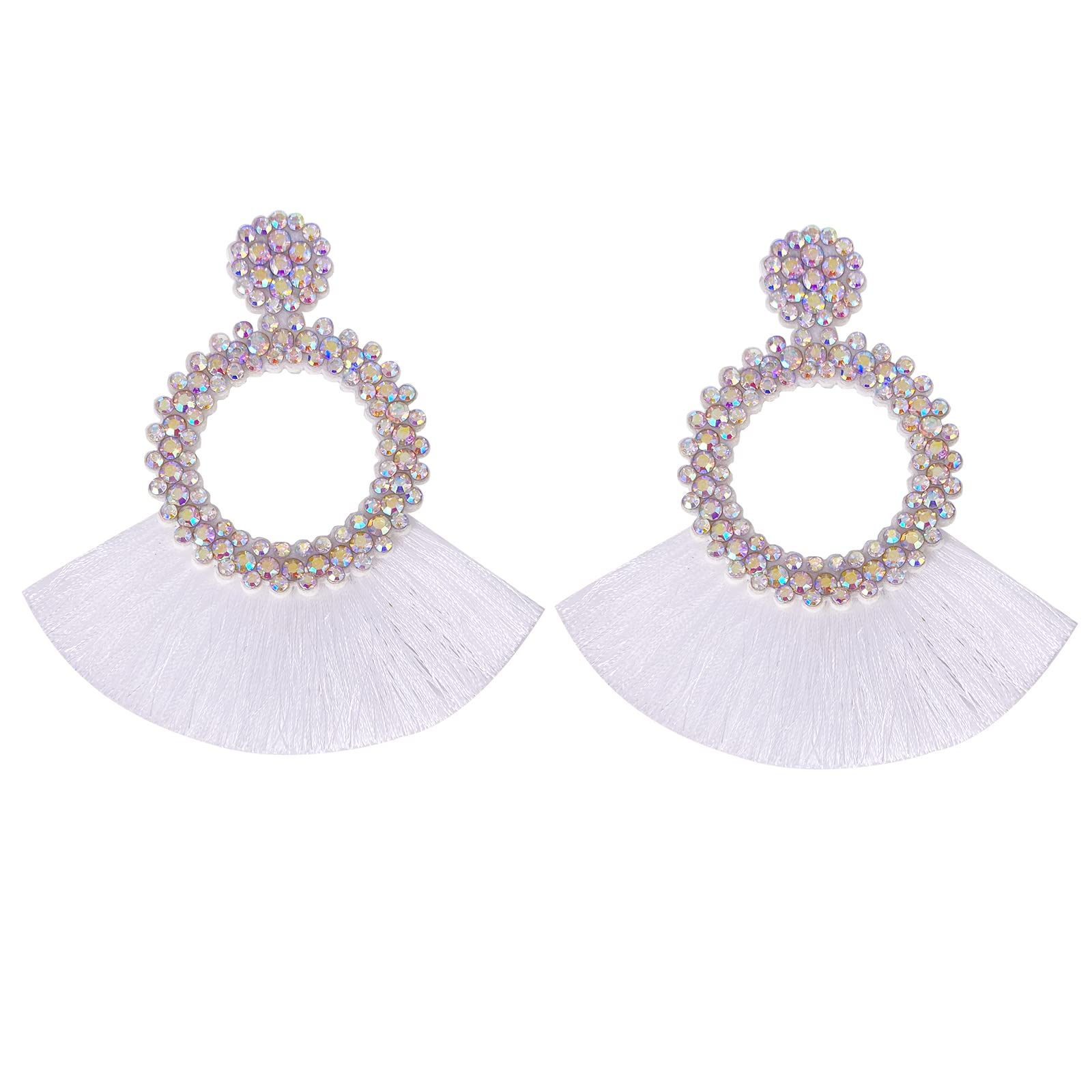 Boho Crystal Tassel Earrings for Women - Sparkly Scalloped Cotton Thread Dangle Earrings 3.34