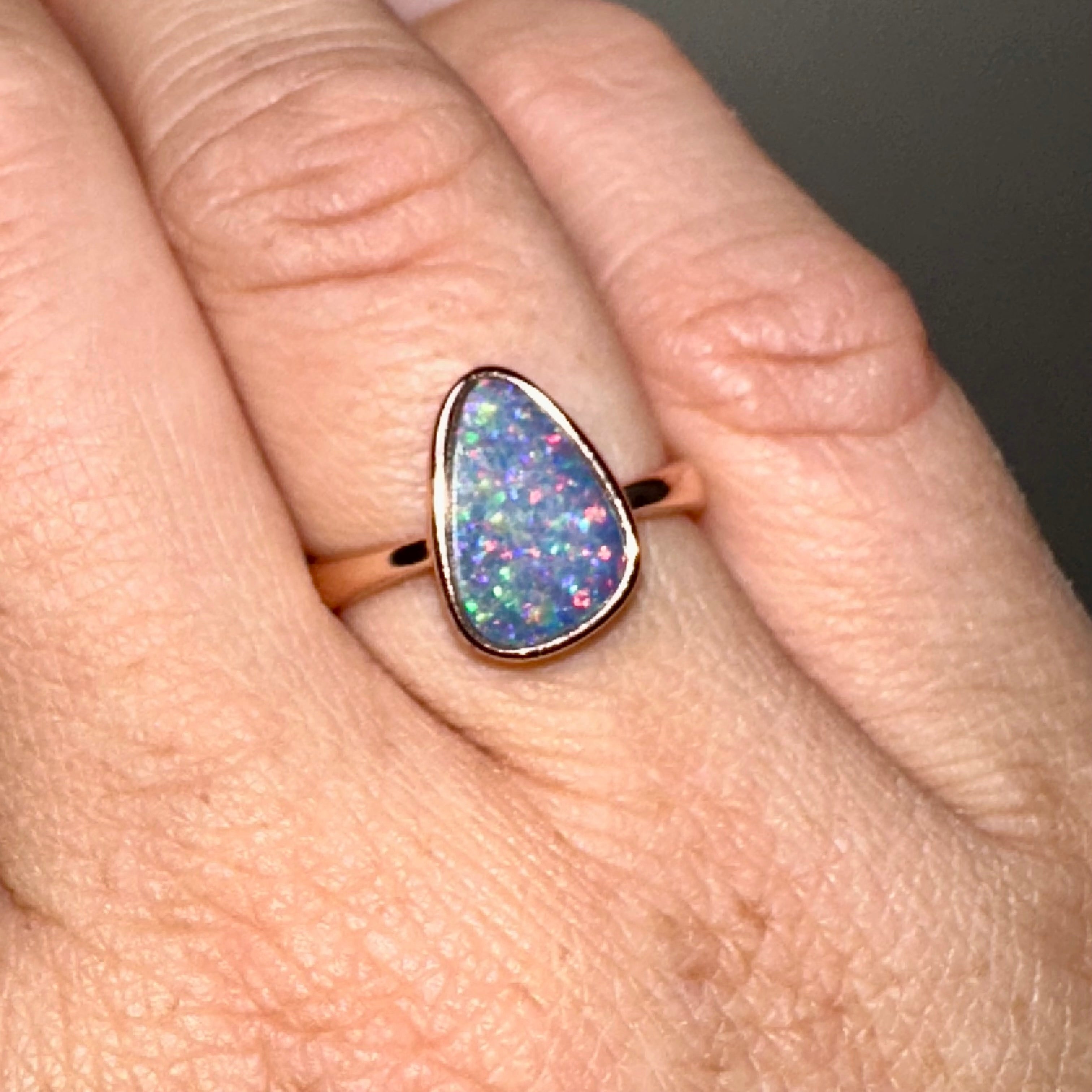 Opal Doublet Coober Pedy Freeform Cabochon Rose Gold Plated Ring Size 6.75 - Australian Opal Jewelry for Women, Elegant Gift for Birthday, Anniversary & Special Occasions