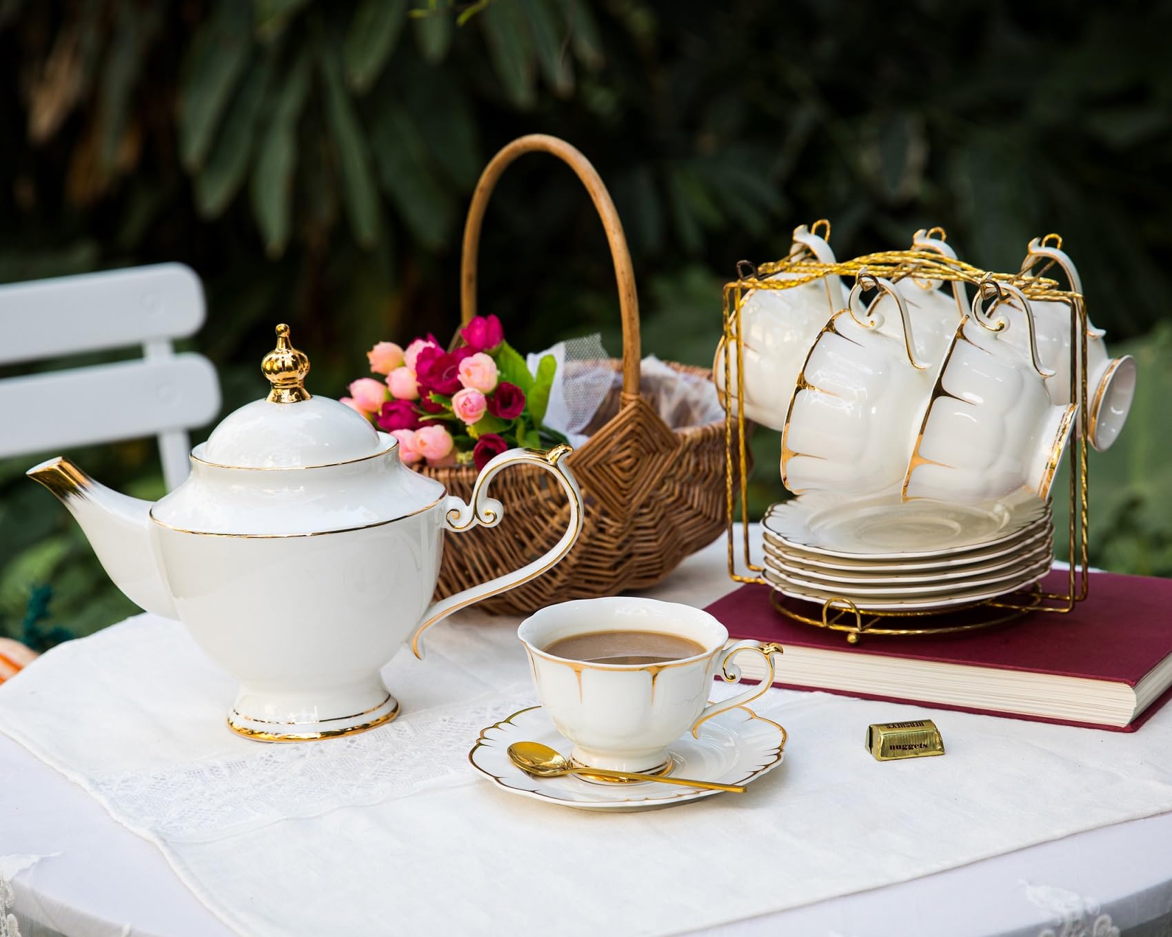 ACMLIFE Fine Bone China Tea Set for 6 - Elegant White Porcelain Tea Cups & Saucers - Perfect for Afternoon Tea Parties, Bridal Showers & Gift Giving - Ideal for Home Entertaining & Special Occasions