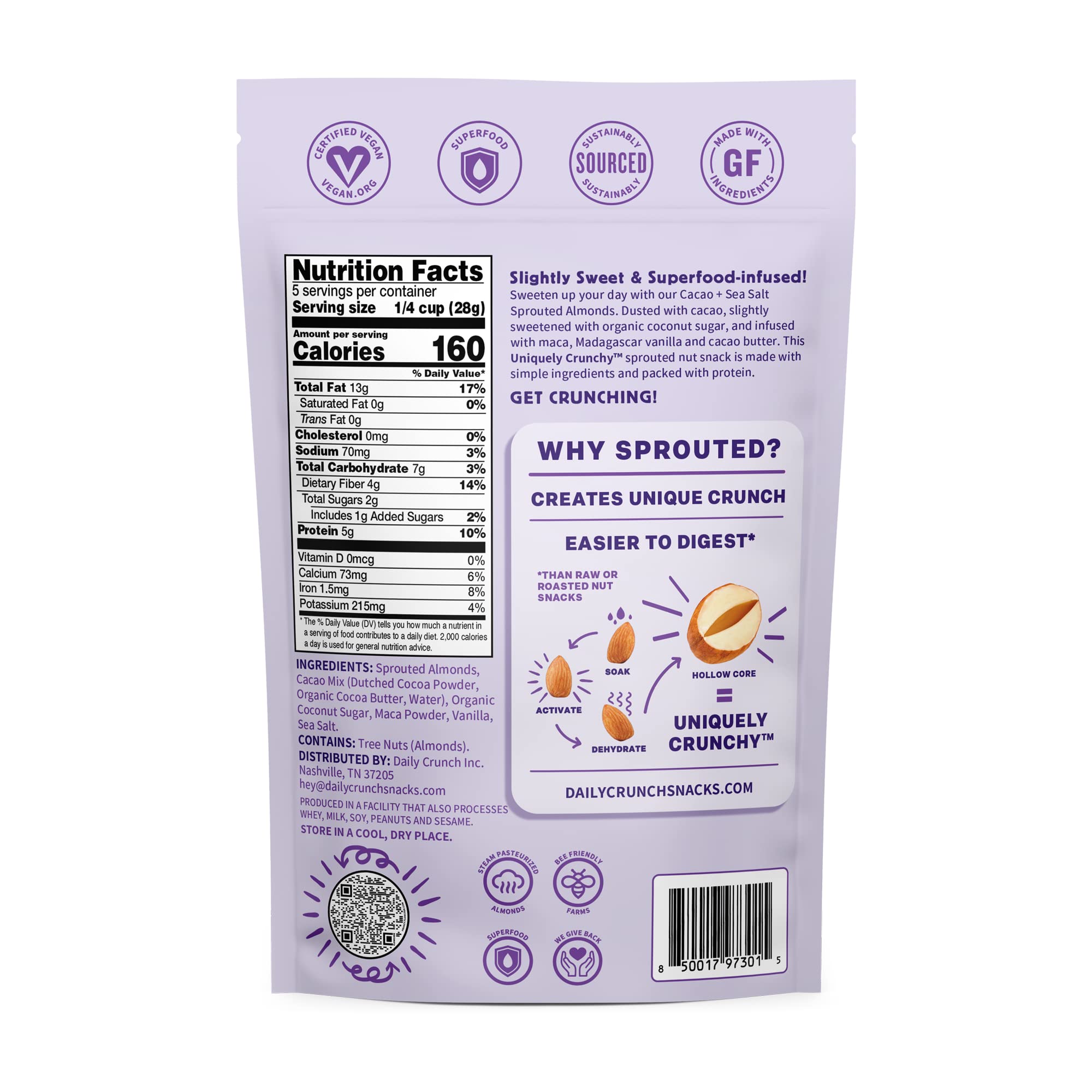 Organic Sprouted Almonds Snack - 5oz Bags (6 Pack, Cacao & Sea Salt) | Healthy Keto, Paleo & Vegan Friendly | Perfect for On-the-Go, Office & Gym Snacking