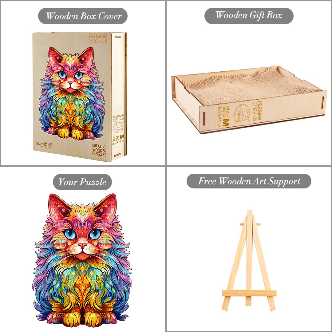 KAAYEE Wooden Animal Puzzles for Kids - Persian Cat 3D Puzzle with Gift Box - Educational Montessori Toys for Toddlers - Perfect for Birthday Gifts, Classroom Learning & Family Game Night