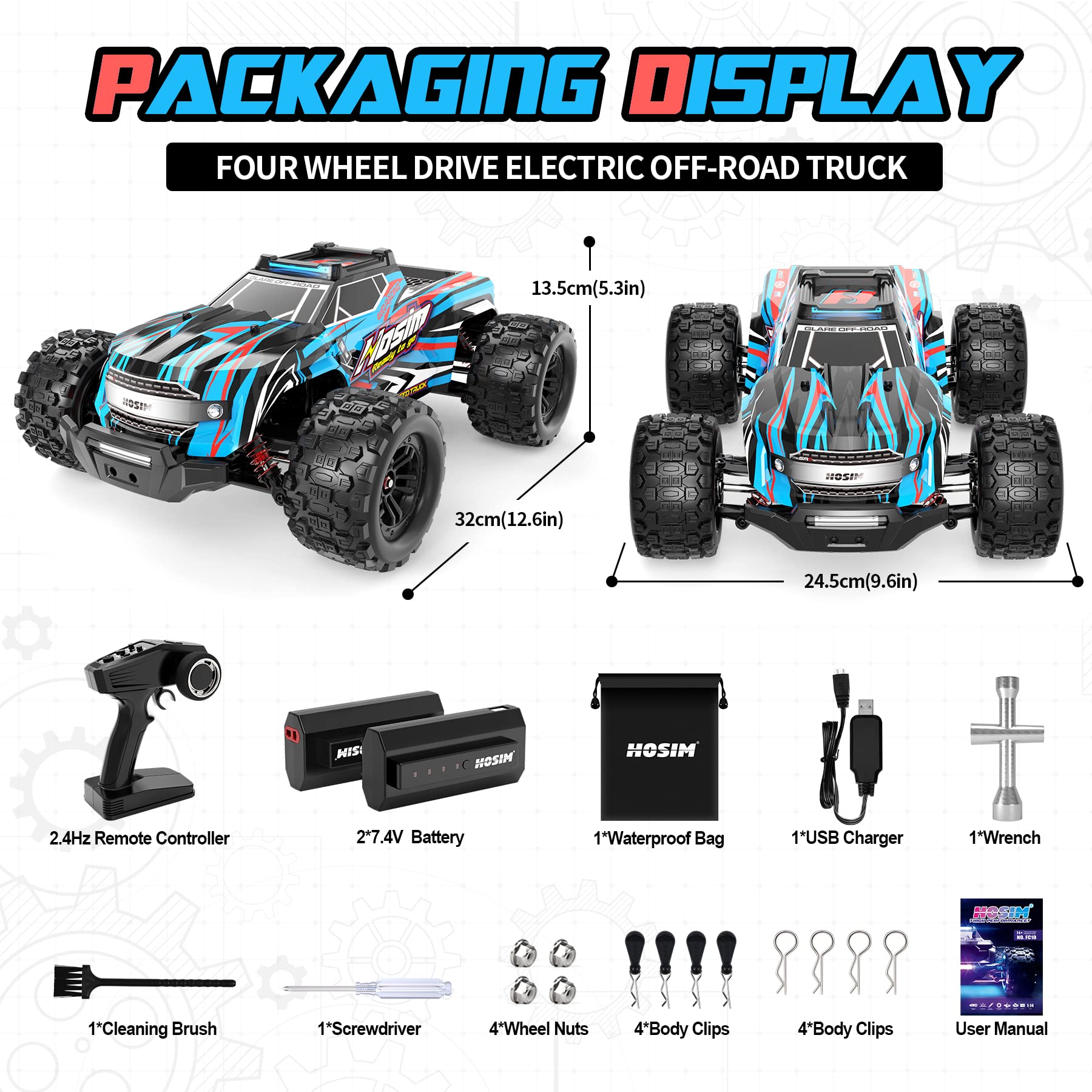 **Hosim 1:14 Scale RC Cars with Colorful LED Lights - 40+ KPH High-Speed Remote Control Car, 4WD Off-Road Waterproof RC Trucks for Boys, Kids & Adults - Perfect for Outdoor Racing, Crawling & Jumping**