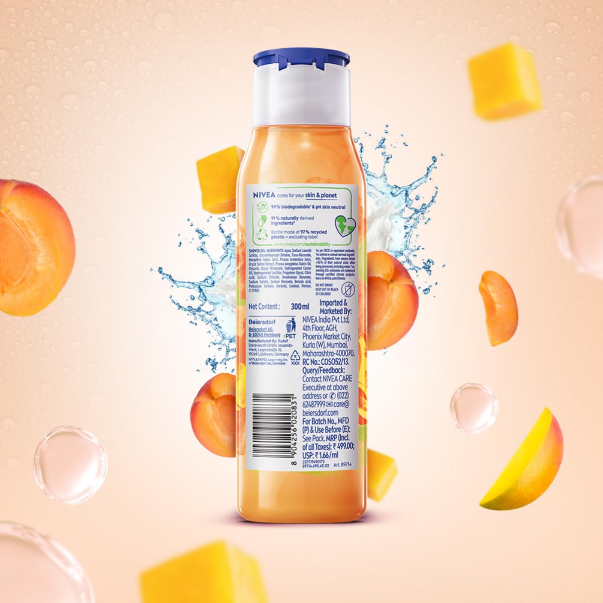 Nivea Fresh Blends Apricot & Mango Vegan Body Wash with Natural Fruit Extracts & Rice Milk - 300ml Fruity Shower Gel for Women - Perfect for Daily Hydration & Refreshing Morning Showers