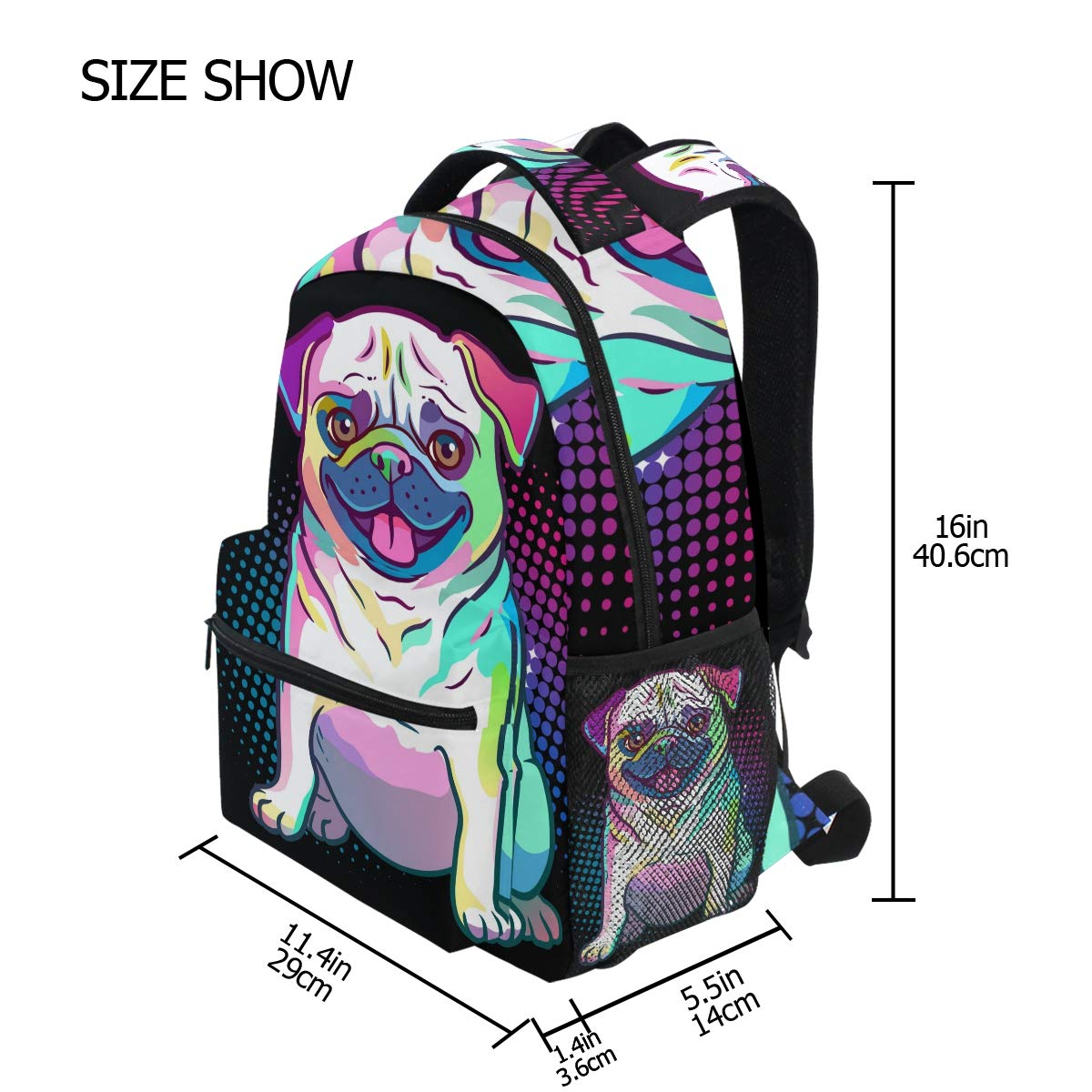 Senya Pug Dog Pop Art Style Backpack - Cute School Bag for Teens, Girls & Boys - Durable Travel Backpack for School, College & Outdoor Adventures