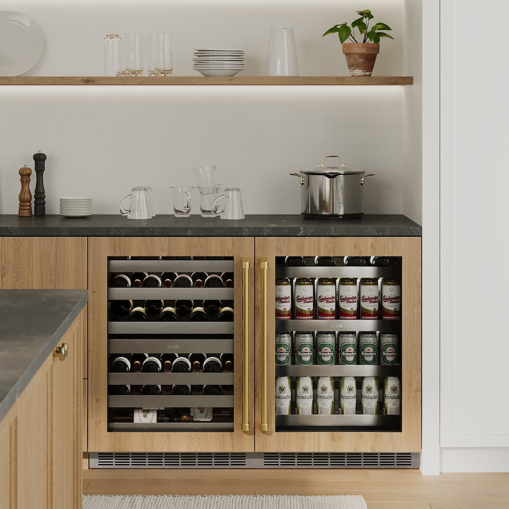 ZLINE Autograph Edition 24 Inch Touchstone Dual Zone 44 Bottle Wine Cooler with Panel Ready Glass Door & Champagne Bronze Handle - Perfect for Home Bars, Wine Cellars, and Entertaining Spaces (RWDPOZ 24 CB)