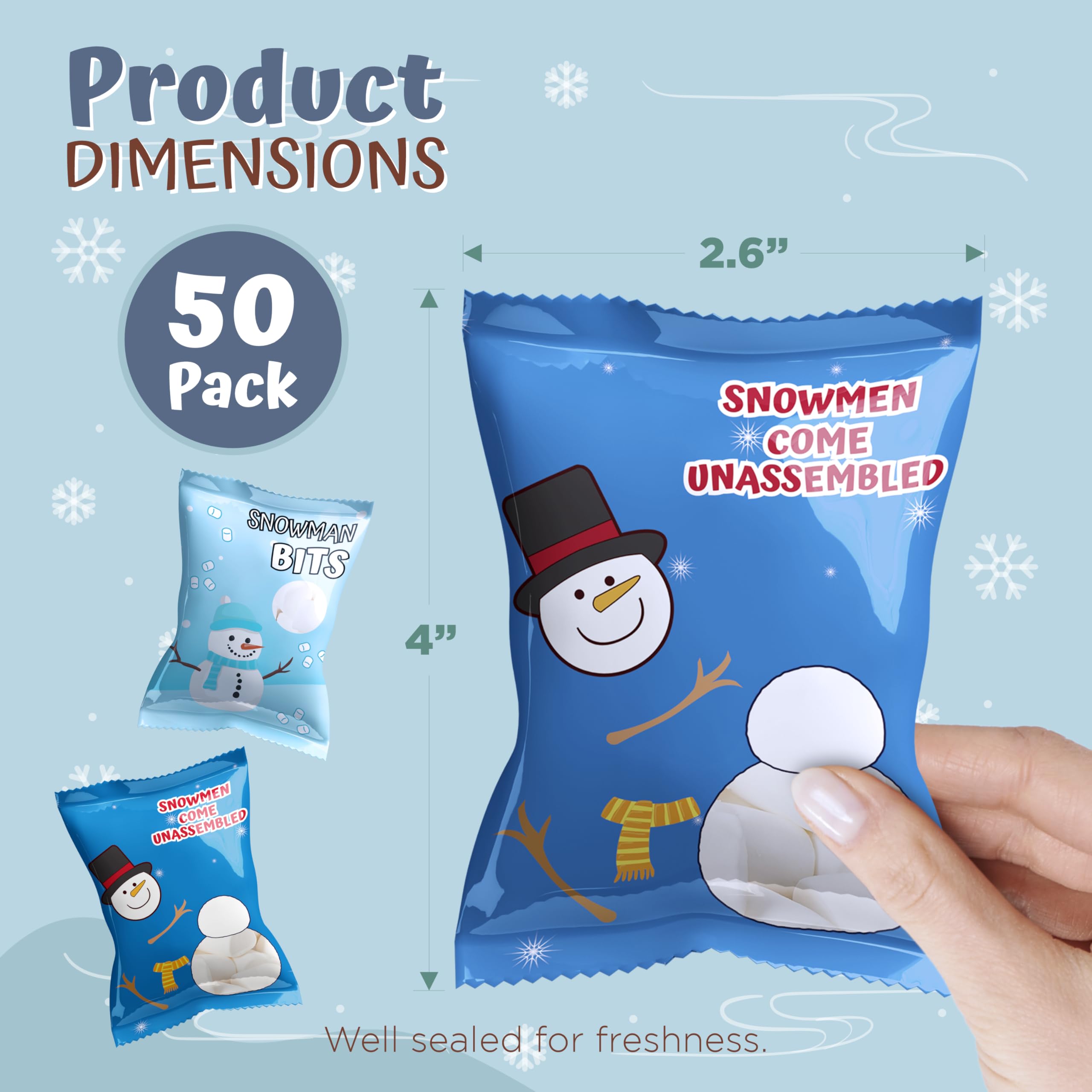 4E's Novelty 50 Packets Mini Marshmallows - 2 Cute Designs Individually Wrapped Marshmallows for Hot Chocolate, Baking & Christmas Decorations | Perfect for Holiday Parties, Coffee Toppings & Snowman Crafts