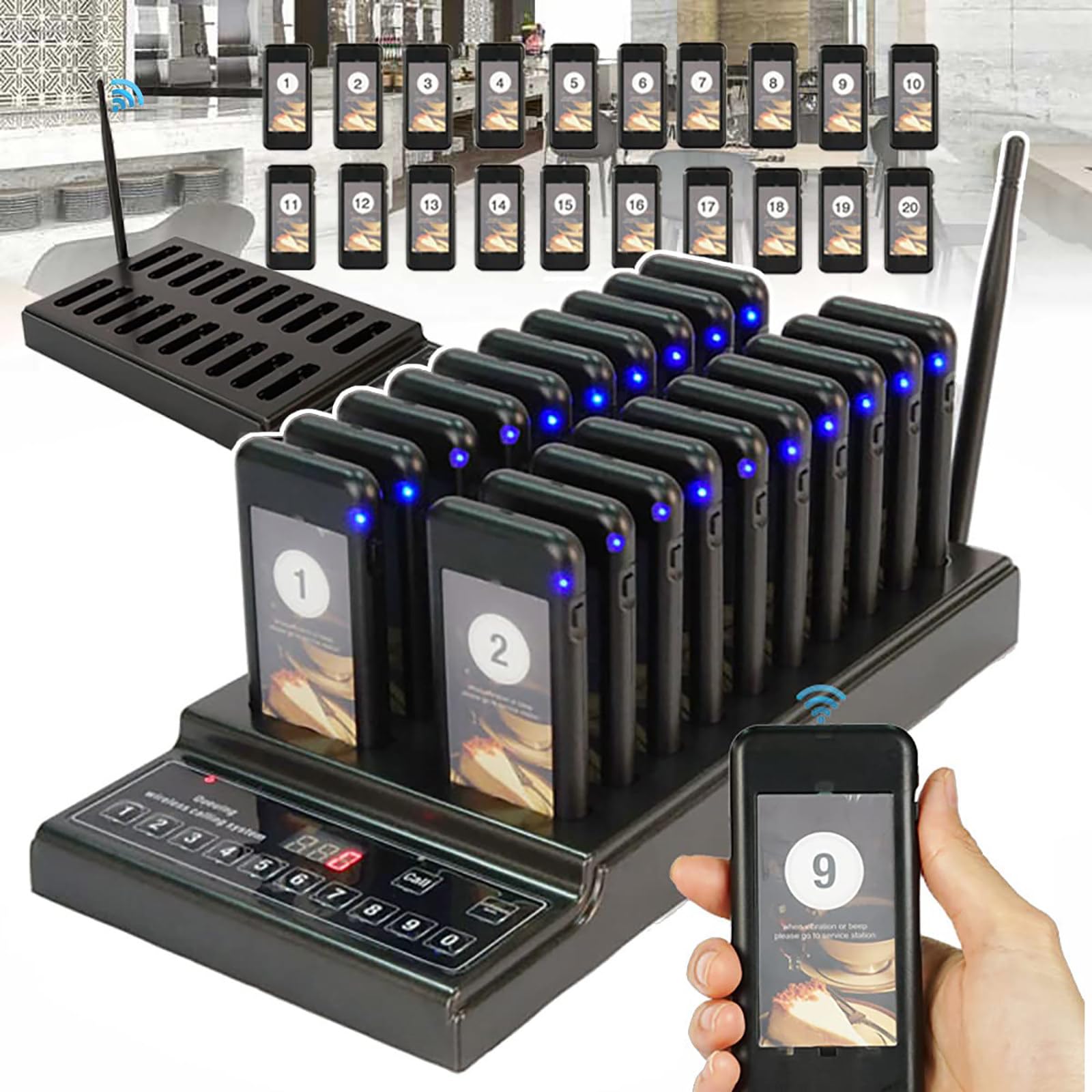 ZILOOK Wireless Restaurant Pager System - 999 Channels with 20 Pagers, Long Range 1000M & High Sensitivity - Ideal for Restaurants, Cafes, Food Courts & Retail Stores - Perfect for Order Pickup, Customer Notifications & Queue Management