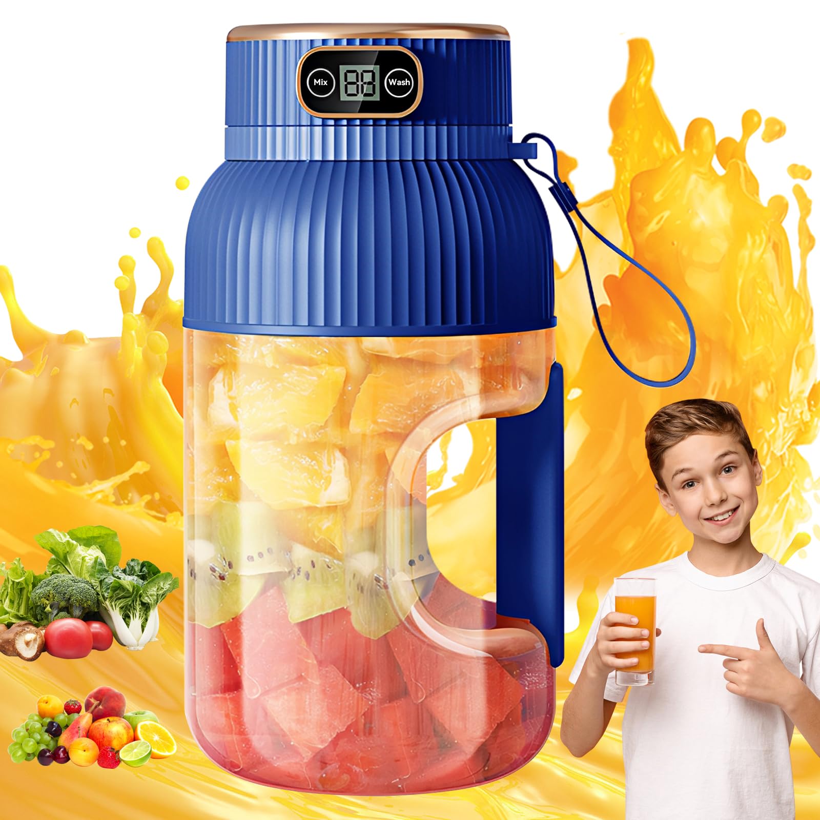 2024 Upgraded Portable Juicer Blender with Digital Display - 300W Powerful Smoothie Maker for Fruits, Vegetables, Milkshakes - Compact Travel Blender for Gym, Office, Camping (Blue)