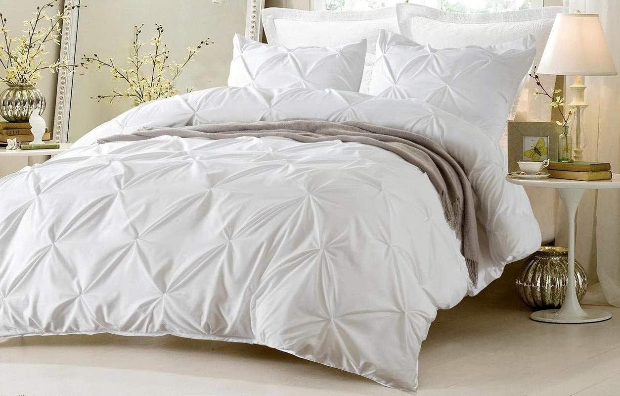 Ultra Soft 3-Piece Pinch Pleated Duvet Cover Set - Stylish Brushed Microfiber Bedding with Zipper & Corner Ties (Full/Queen, White) - Perfect for Master Bedrooms, Guest Rooms & Cozy Home Decor