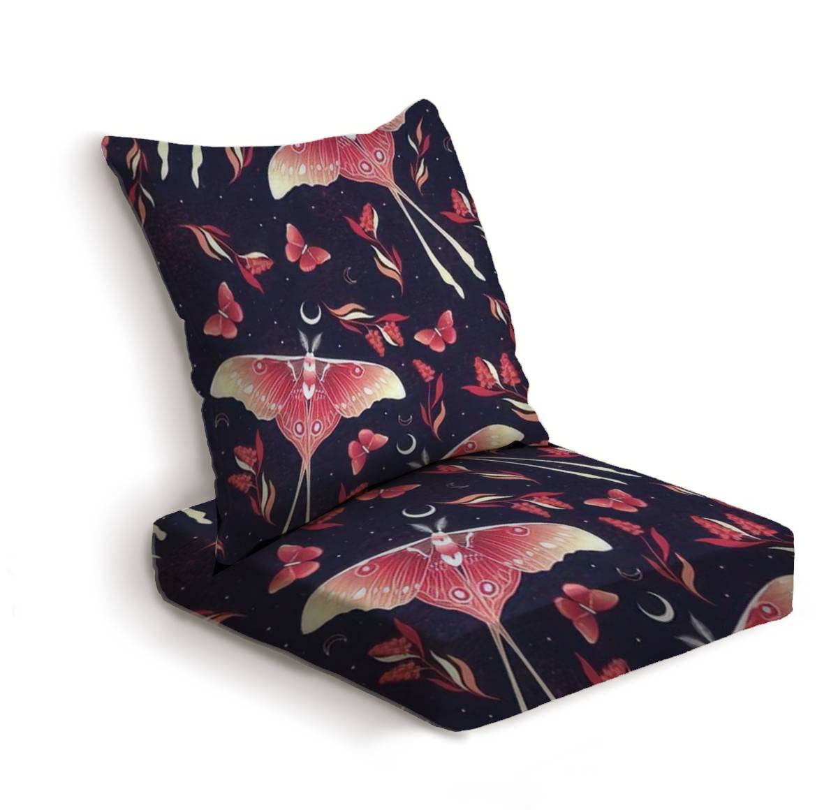 2-Piece Outdoor Deep Seat Cushion Set - Red Moon Butterfly Print, Seamless Design, Modern Style for Patio Lounge Chairs - Perfect for Garden, Poolside, and Outdoor Conversation Areas