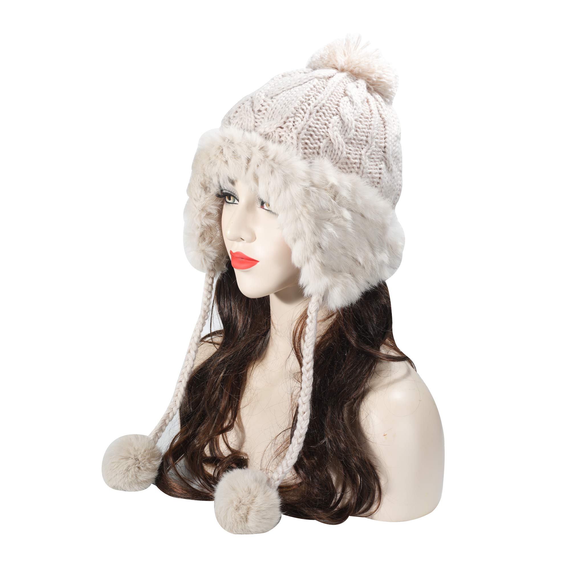 ZLYC Women's Winter Rabbit Fur Knit Beanie Hat with Earflaps - Warm Fleece Lined Bobble Cap for Cold Weather, Outdoor Activities & Fashion Accessories