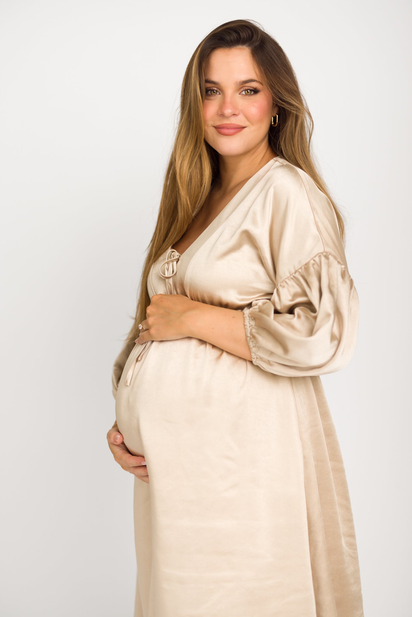 Hunter Premium Satin Midi Dress in Champagne - Bump Friendly Maternity Dress for Special Occasions & Pregnancy Photoshoots