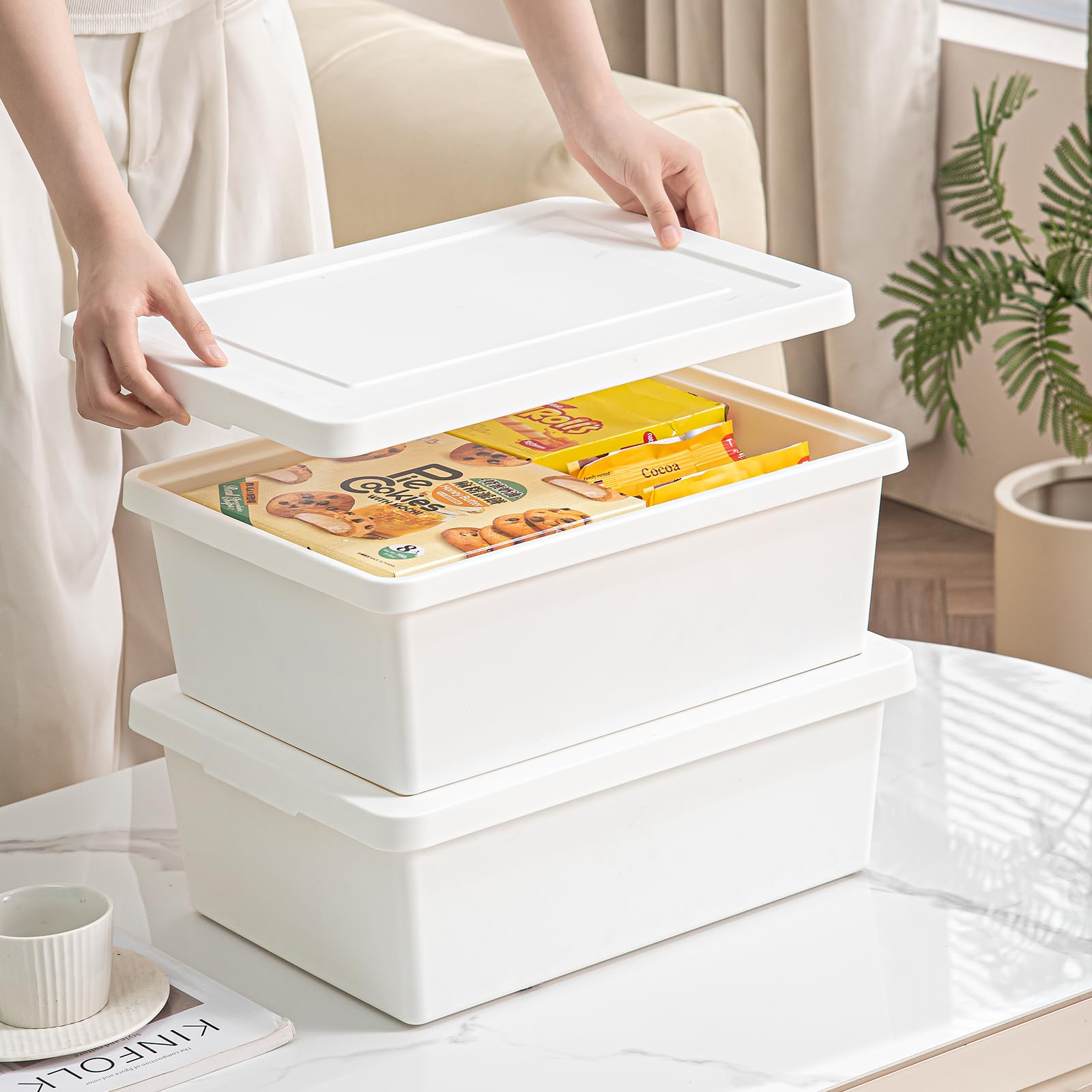 15 Quart Stackable Plastic Storage Bins with Lids - 2 Pack White Organizing Containers with Handles for Shelves, Craft Supplies, Snacks & Home Organization - Perfect for Pantry, Closet & Office Storage