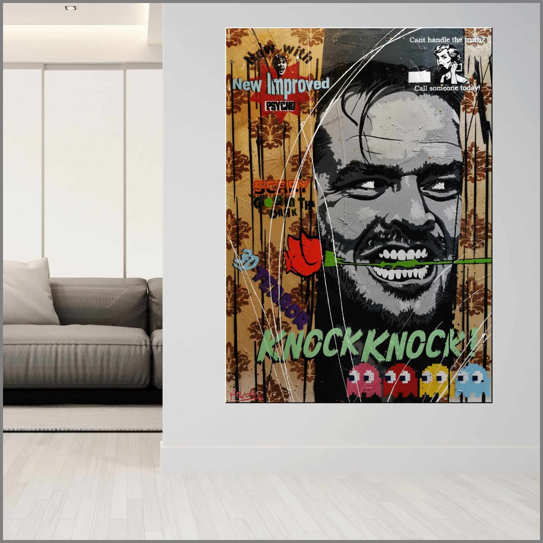Here's Johnny The Shining Textured Urban Pop Art Painting 55x39 Inches - Horror Movie Decor for Living Room, Home Theater & Office Wall Art
