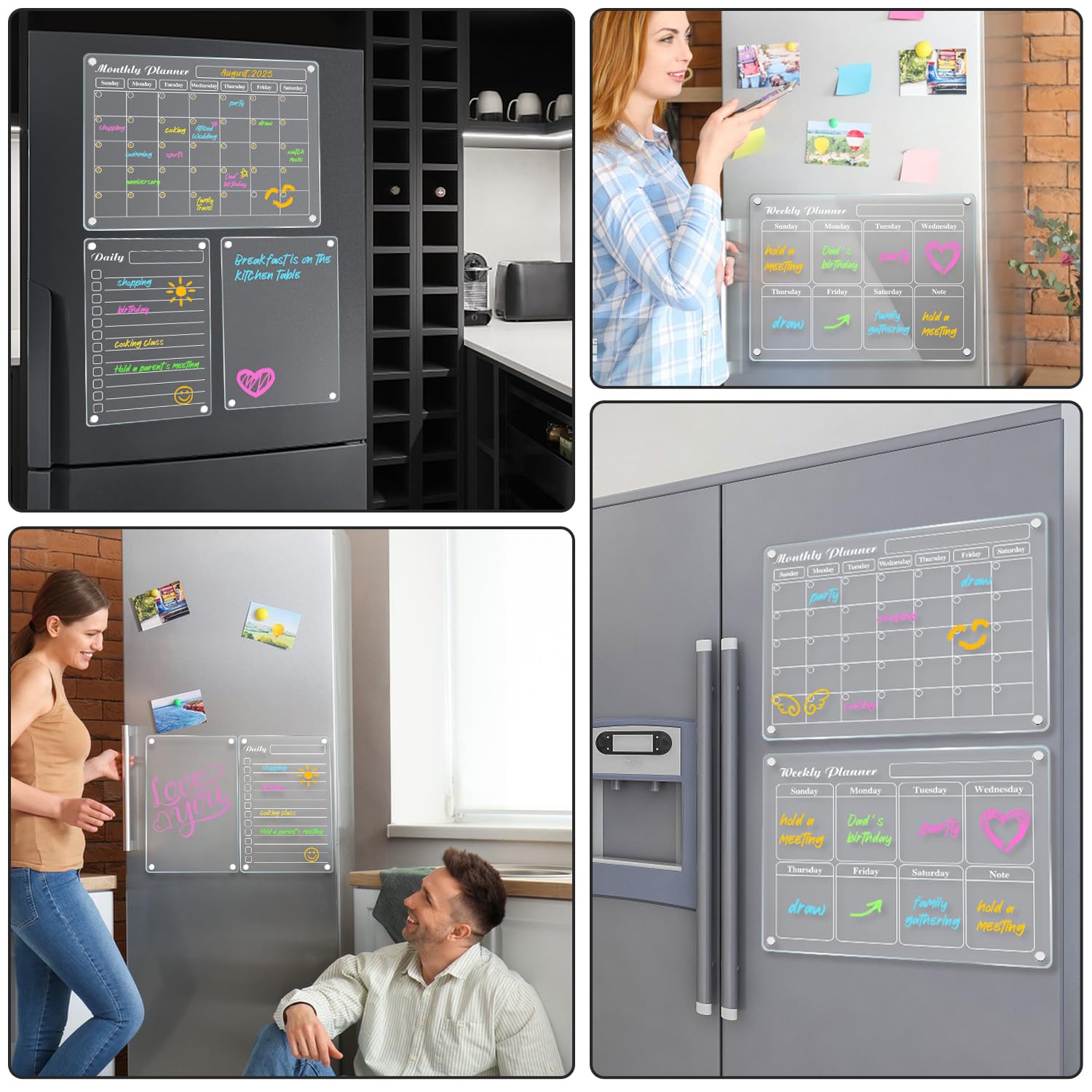 DIYMAG 4Pcs 2025 Magnetic Refrigerator Calendar Set - Acrylic Whiteboard & Chalkboard Monthly Planner with 6 Highlight Markers | Perfect for Kitchen, Office & Home Organization