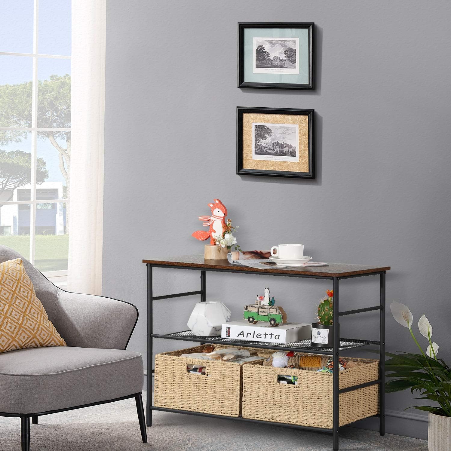VECELO Industrial Console Table with 2 Wicker Baskets - Rustic Narrow Sofa Table for Hallway, Living Room & Entryway - Easy Assembly 2-Tier Storage Shelf in Retro Brown - Perfect for Small Spaces & Farmhouse Decor