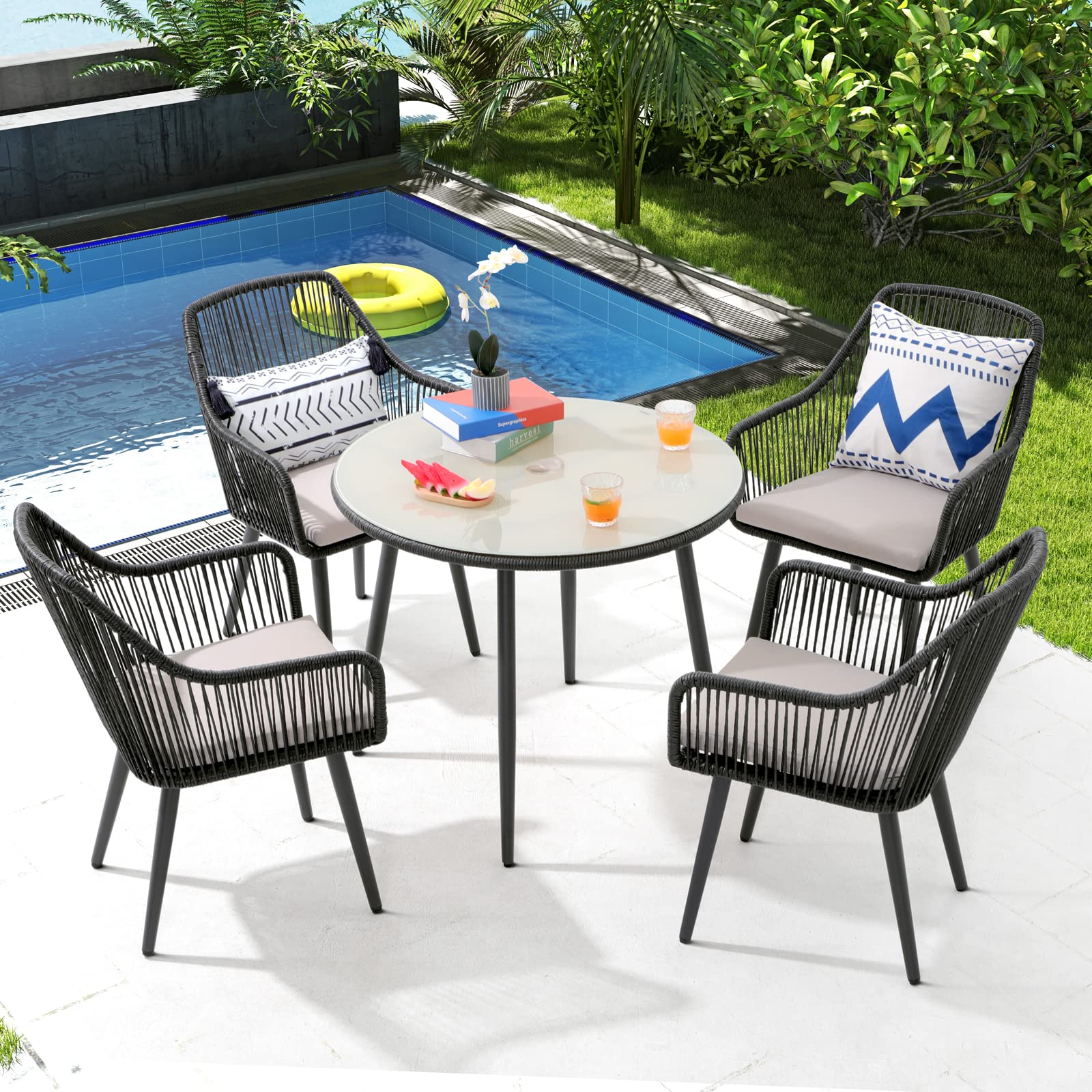 **Patiorama 5-Piece Outdoor Dining Set - All-Weather Rattan Wicker Patio Furniture with 4 Cushioned Chairs & Glass Table (Black) - Perfect for Backyard, Garden, Poolside & Outdoor Entertaining**