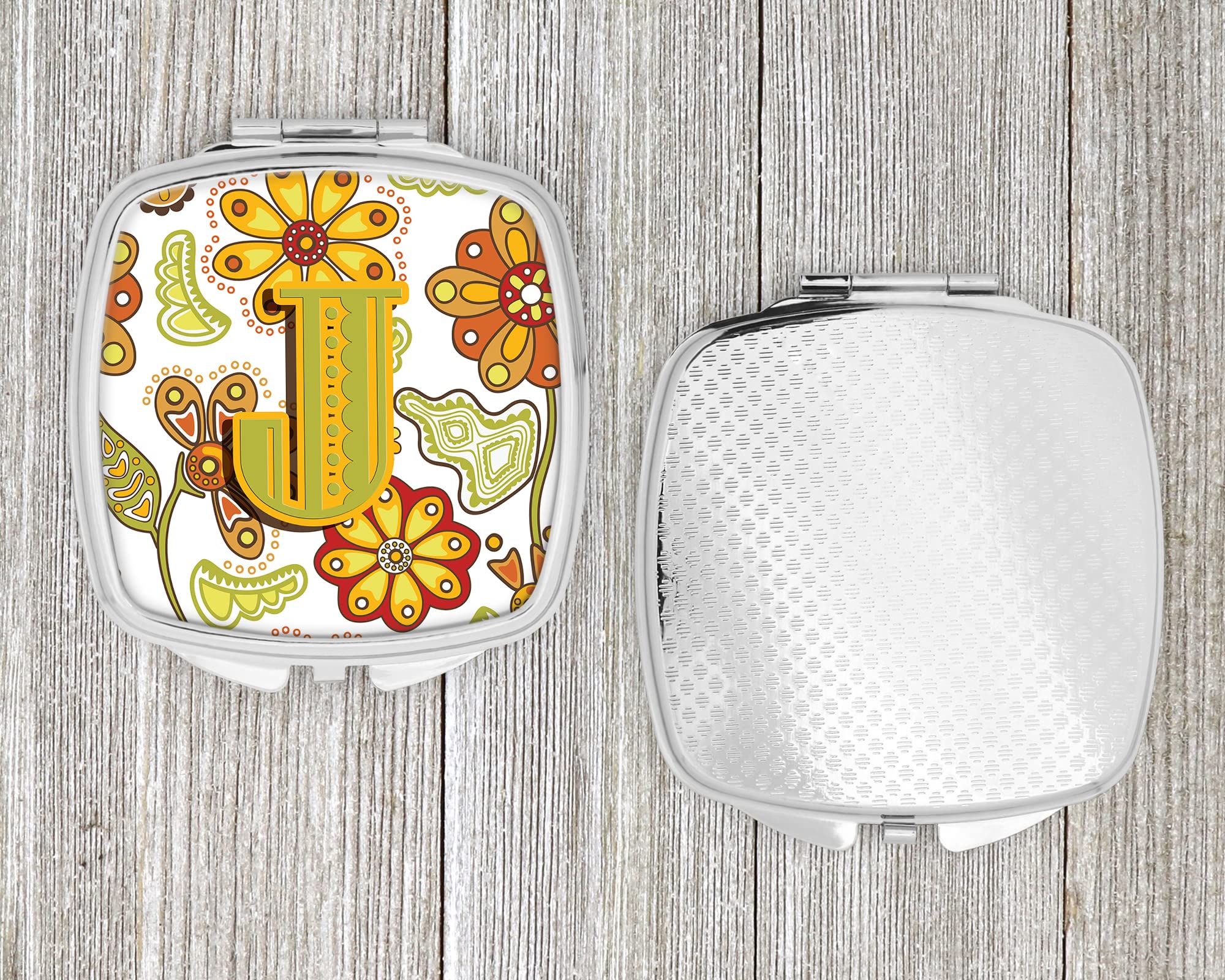 Caroline's Treasures Floral Letter J Compact Mirror - Mustard & Green Travel Makeup Mirror for Women & Girls | Portable Folding Handheld Cosmetic Mirror | Perfect Gift for Birthdays, Travel & Purse Accessory