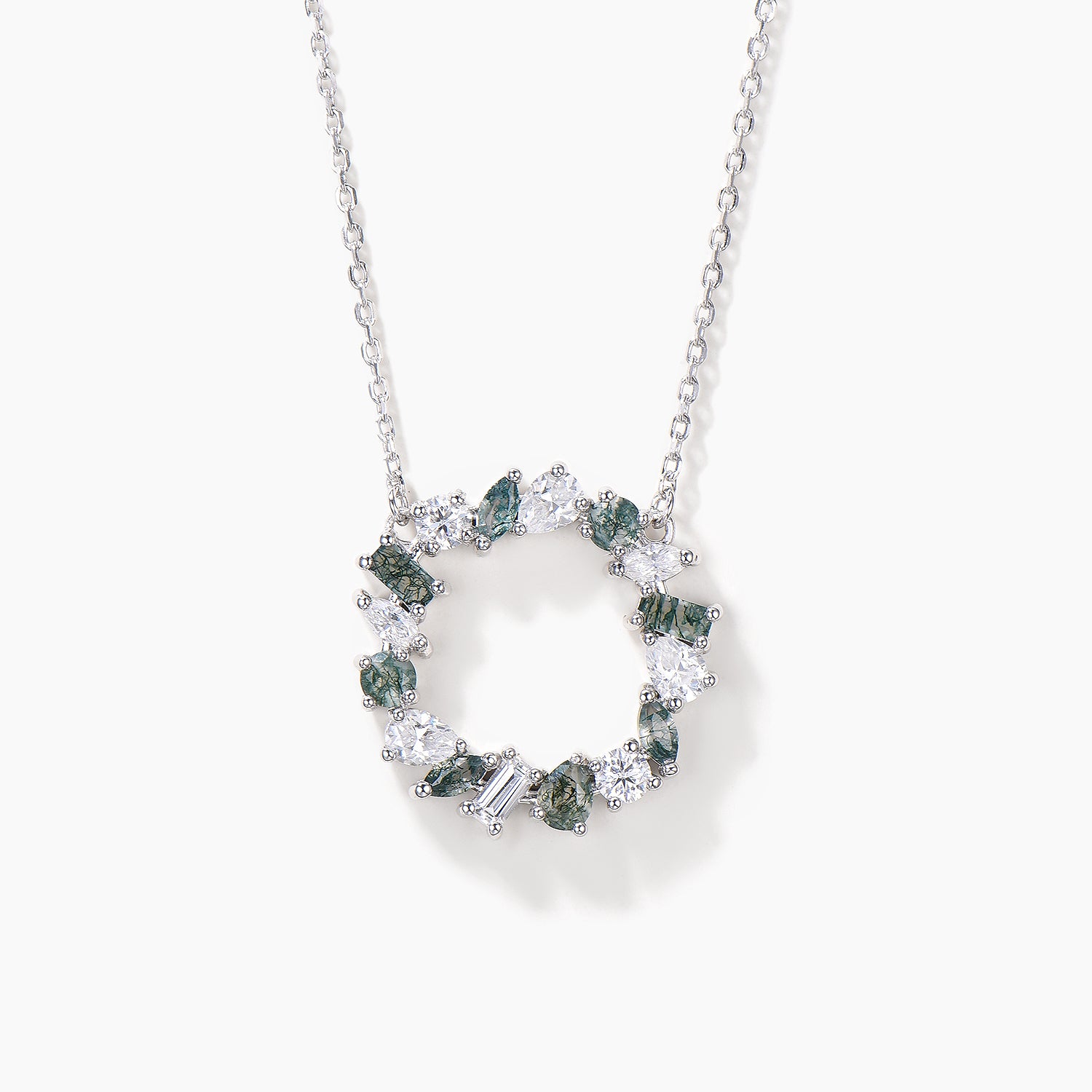 Natural Moss Agate and Moissanite Mixed Cut Circle Pendant Necklace in 14K White Gold - Elegant Jewelry Gift for Women, Perfect for Weddings, Anniversaries & Everyday Wear