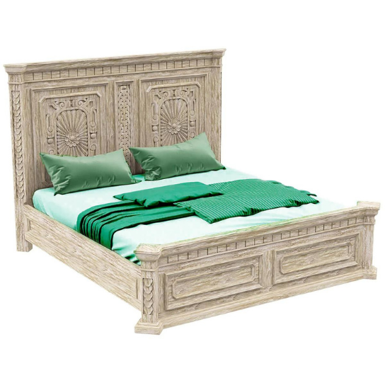 French Provincial Solid Wood Bed - Rustic White Wash Finish - King Size 108