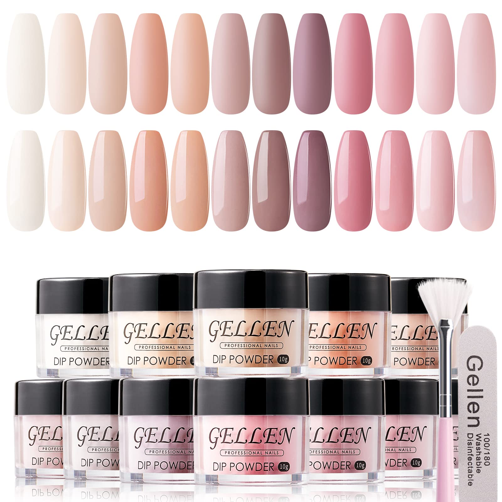 Gellen 12 Colors Nude Dip Powder Kit - Long Lasting, Quick Drying Glossy Nail Powder Set for French Manicure | Salon & DIY Nail Art at Home