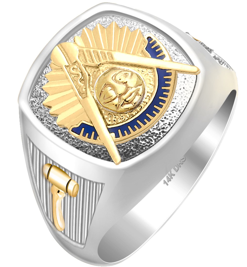 Customizable 14k Gold Two-Tone Freemason Masonic Ring for Men - Past Master Design with Gems, Sizes 8-14 - Perfect for Lodge Meetings, Ceremonies & Special Occasions