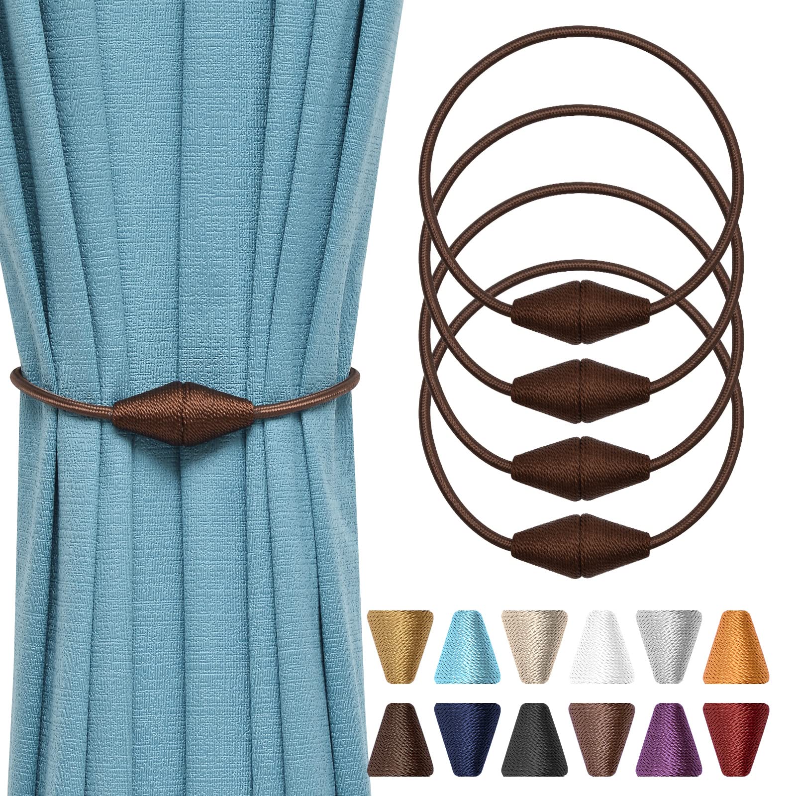 Upgraded Magnetic Curtain Tiebacks - 4 Pack 16 Inch Handwoven Rope Drapery Holdbacks for Windows | Decorative Cone Shaped Drape Clips | Convenient Home & Office Window Treatment (Deep Coffee) | Perfect for Living Room, Bedroom & Office Decor