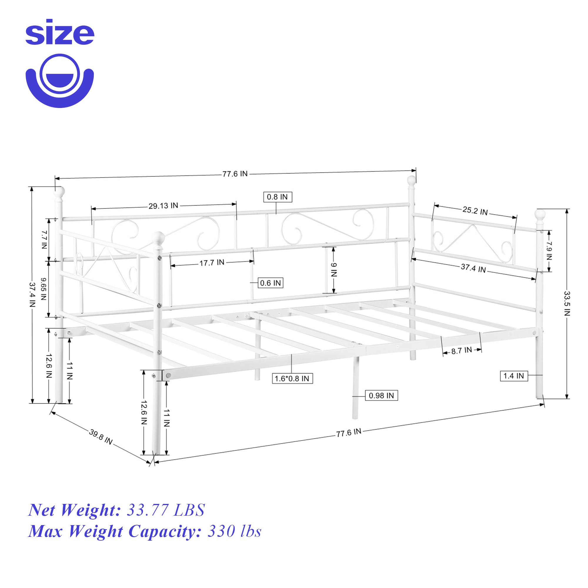 Metal Twin Size Daybed Frame with Headboard - Sturdy Square Steel Slats & Mattress Platform - Ideal for Living Room, Guest Room, or Studio Apartment - Beige